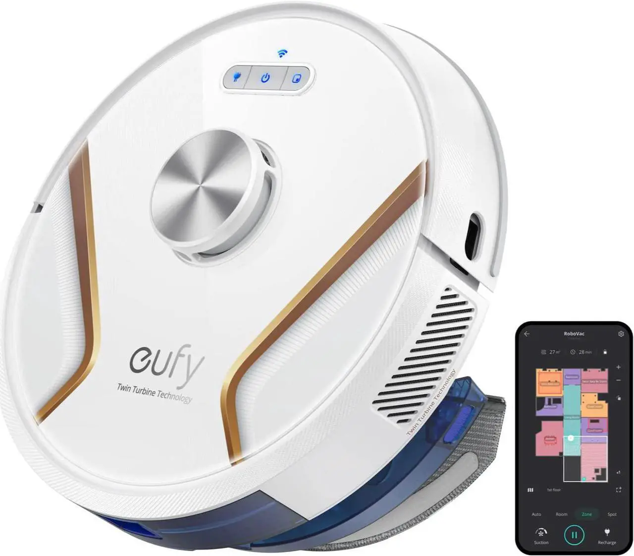 Main image of eufy by Anker, RoboVac X8 Hybrid, Robot Vacuum and Mop Cleaner with iPath Laser Navigation, Twin-Turbine Technology generates 2000Pa x2 Suction, AI. Map 2.0 Technology, Wi-Fi (White)