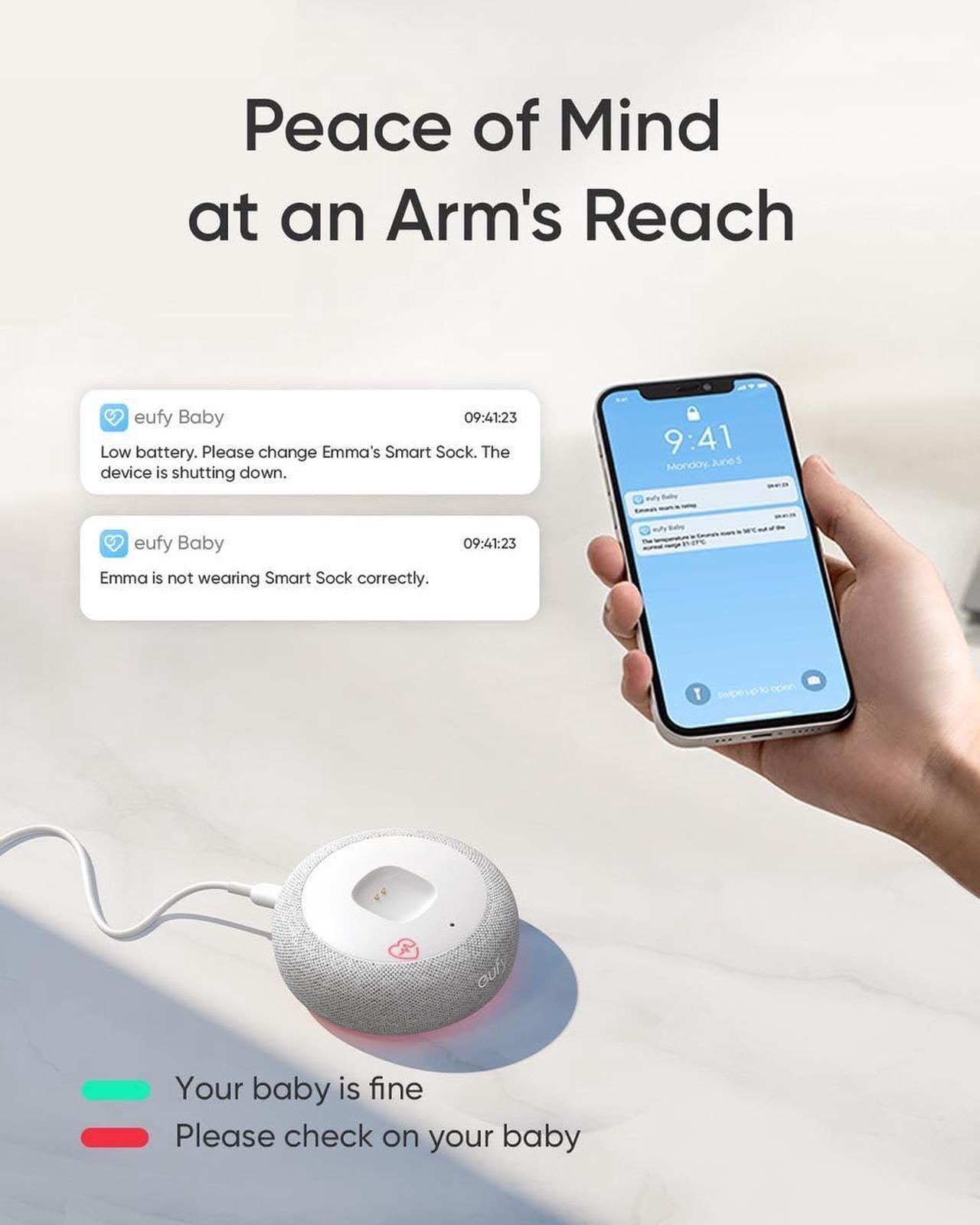 Alt view image 4 of 6 - eufy Baby Smart Sock S320 Baby Monitor with 2.4 GHz Wi-Fi, Track Sleep Patterns, Naps, Heart Rate, and Blood Oxygen Levels, Soft and Comfortable, for Babies 0-18 Months, No Monthly Fee (Renewed)