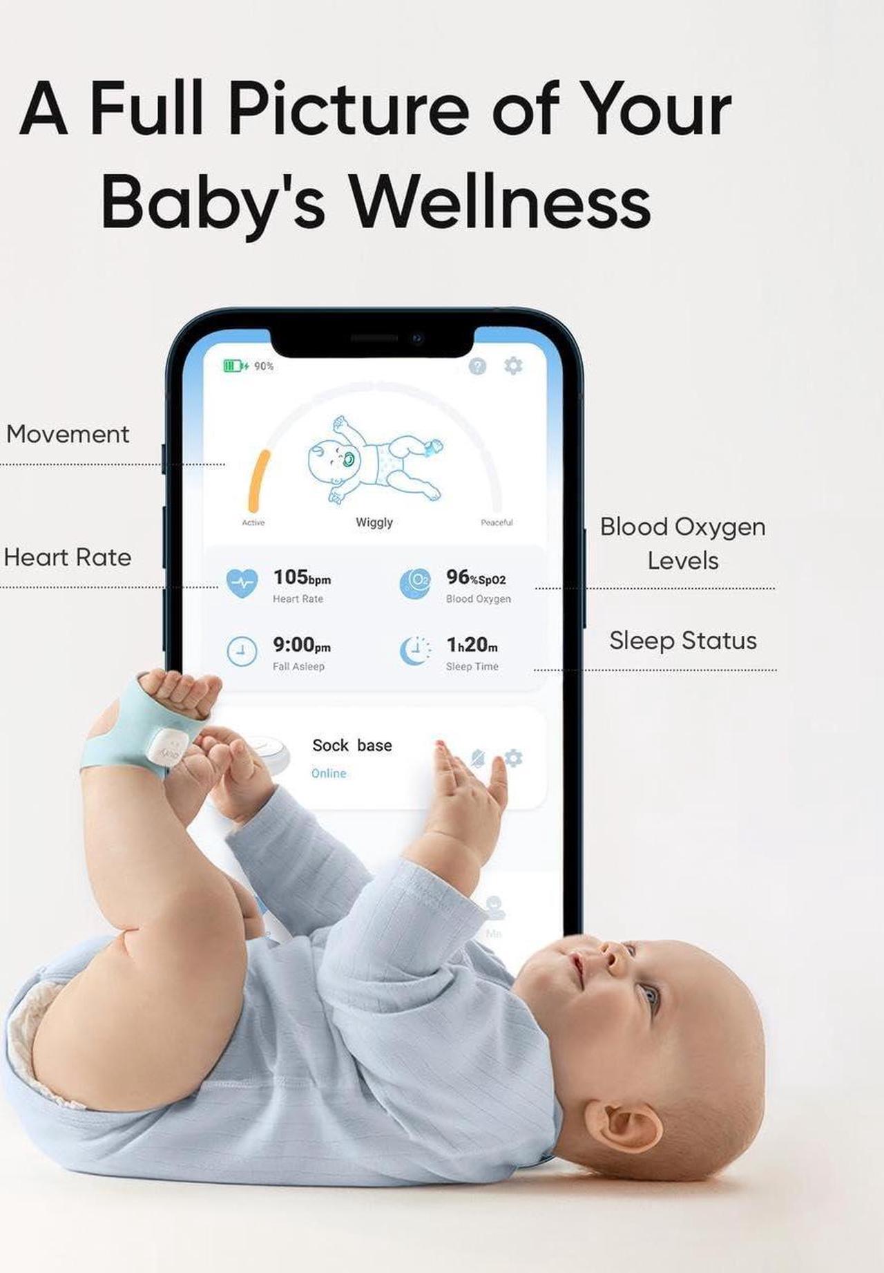 Alt view image 2 of 6 - eufy Baby Smart Sock S320 Baby Monitor with 2.4 GHz Wi-Fi, Track Sleep Patterns, Naps, Heart Rate, and Blood Oxygen Levels, Soft and Comfortable, for Babies 0-18 Months, No Monthly Fee (Renewed)