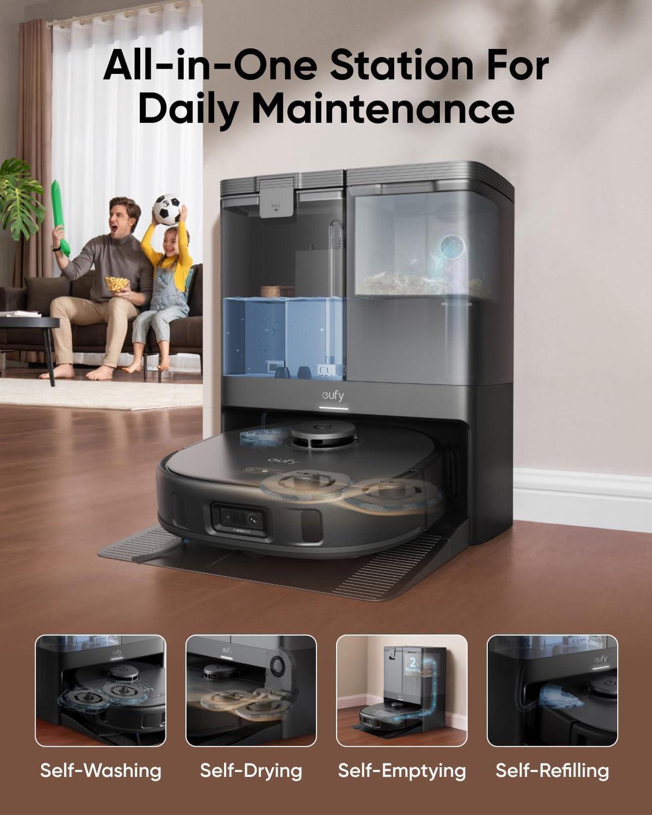 Alt view image 2 of 6 - eufy X10 Pro Omni Robot Vacuum and Mop with 8,000 Pa Suction, Dual Mops with 12 mm Auto-Lift and Carpet Detection, AI Obstacle Avoidance, Auto Mop Washing, Auto Drying, Self-Emptying, Self-Refilling