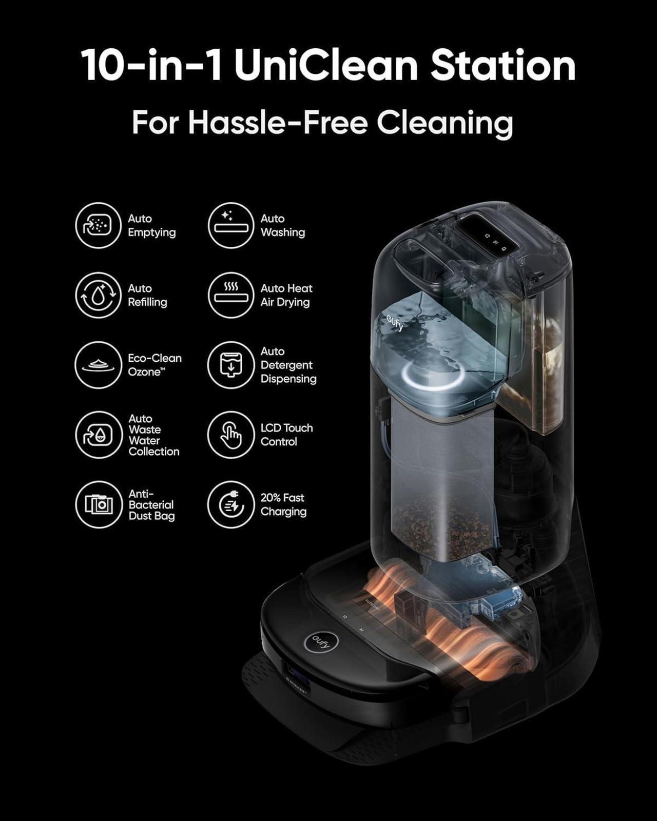 Alt view image 3 of 6 - eufy Robot Vacuum Omni S1 Pro with All-in-One Station, Floor Washing Robot Vacuum and Mop, Eco-Clean Ozone, 8000 Pa Suction, Obstacle Avoidance, Auto Mop Washing & Drying, Self-Emptying