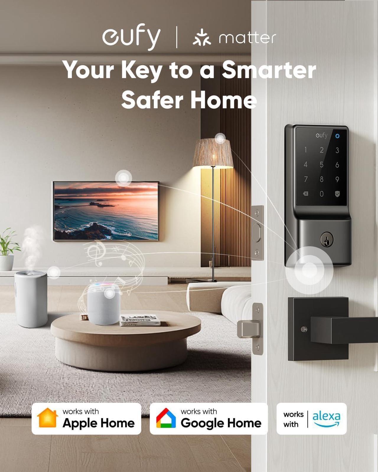 Alt view image 2 of 6 - eufy Smart Lock C34, Keyless Entry Door Lock with Apple Home Ecosystem, Built-in Wi-Fi Deadbolt for Front Door or Back, Supports Matter, Apple Home, Alexa, Google Home, SmartThings, Auto Lock