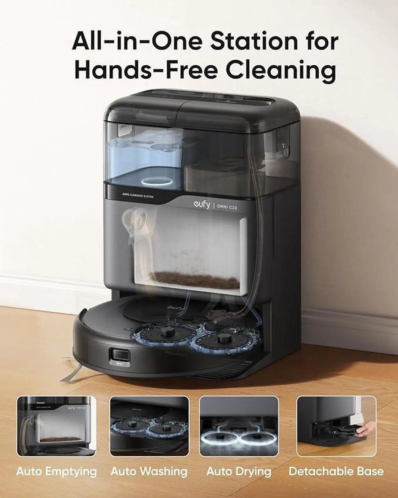 Alt view image 2 of 7 - eufy Robot Vacuum Omni C20, Robot Vacuum and Mop Combo, Self Emptying, Auto Mop Washing and Auto Drying for Hands-free Cleaning, 7000 Pa Powerful Suction, 3.35-Inch Ultra-Slim Body, All-in-One Station