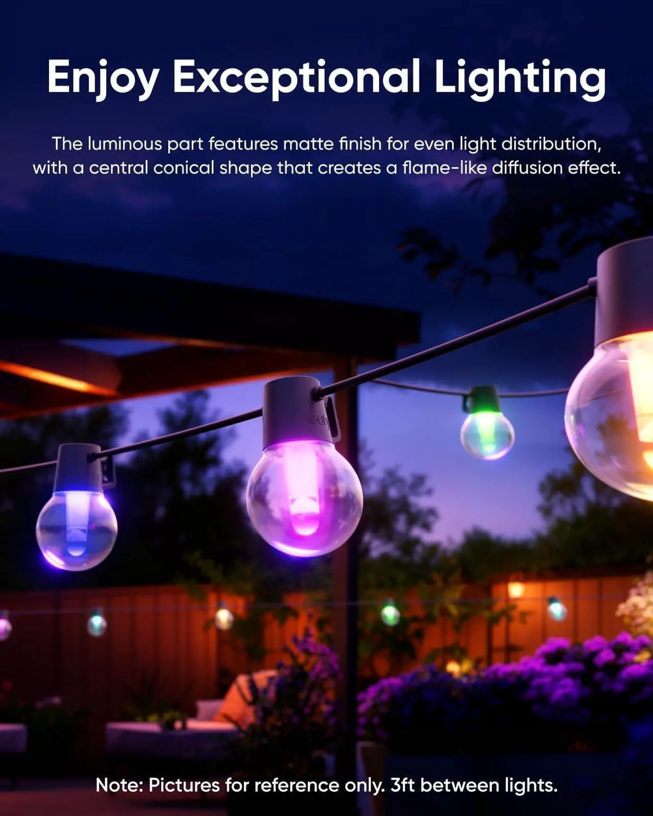 Alt view image 6 of 7 - eufy Outdoor String Lights E10, 96ft with 30 Smart RGBWW LED Bulbs, Endless AI Light Themes for Christmas Decorations, IP65 Waterproof for Patio, Fence, Balcony, Link with Cameras, Voice & App Control