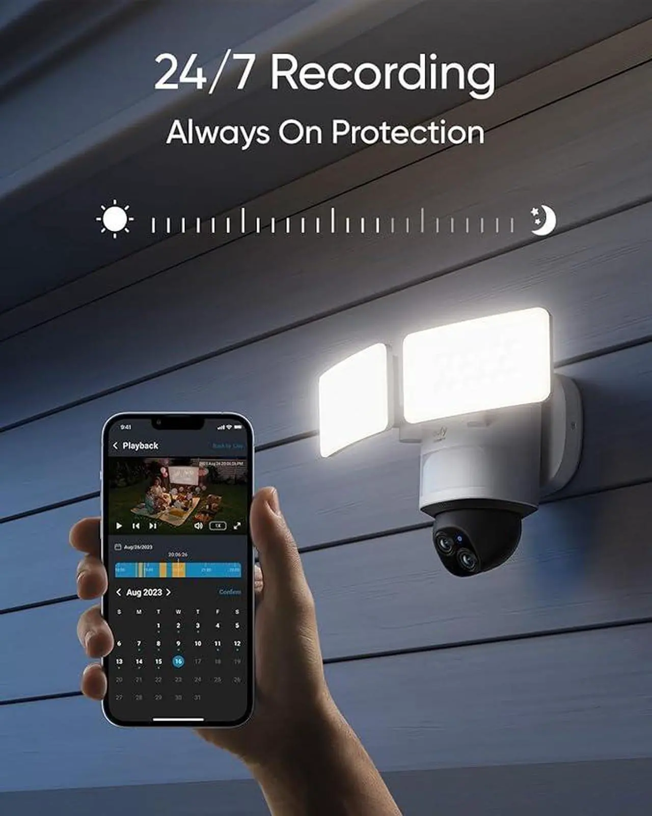 Alt view image 3 of 7 - eufy Floodlight Camera E340 with AC Cable, Security Camera Outdoor, 360° PTZ, 24/7 Recording, 2.4G/5G Wi-Fi, 2000 LM, Motion Detection, Built-in Siren, Dual Cam, HB3 Compatible, No Monthly Fee