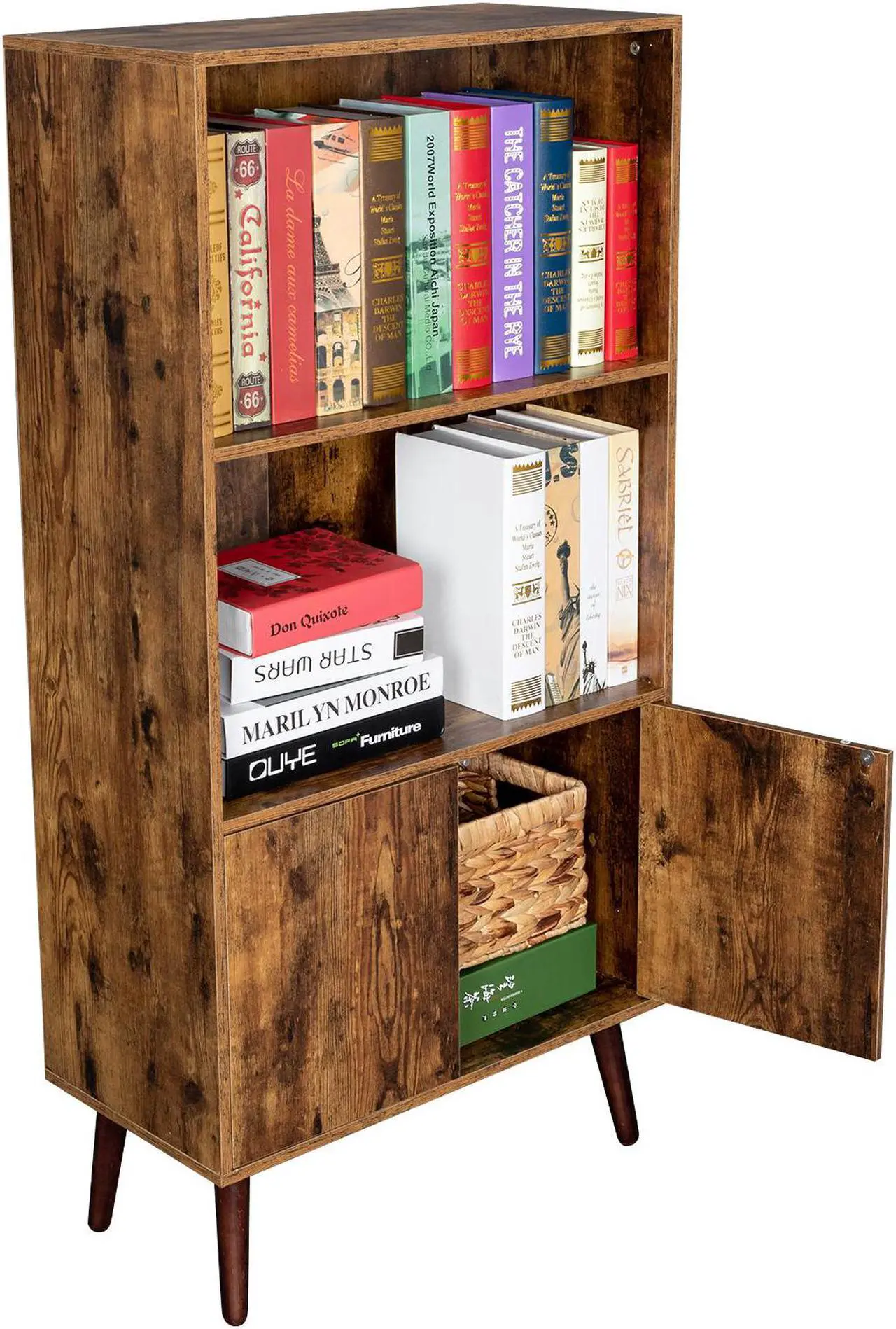 Main image of TakeIt Bookcase, 2-Tier Vintage Bookshelf with Doors, Storage Cabinet for Books, Photos, Decorations, in Living Room, Office, Library