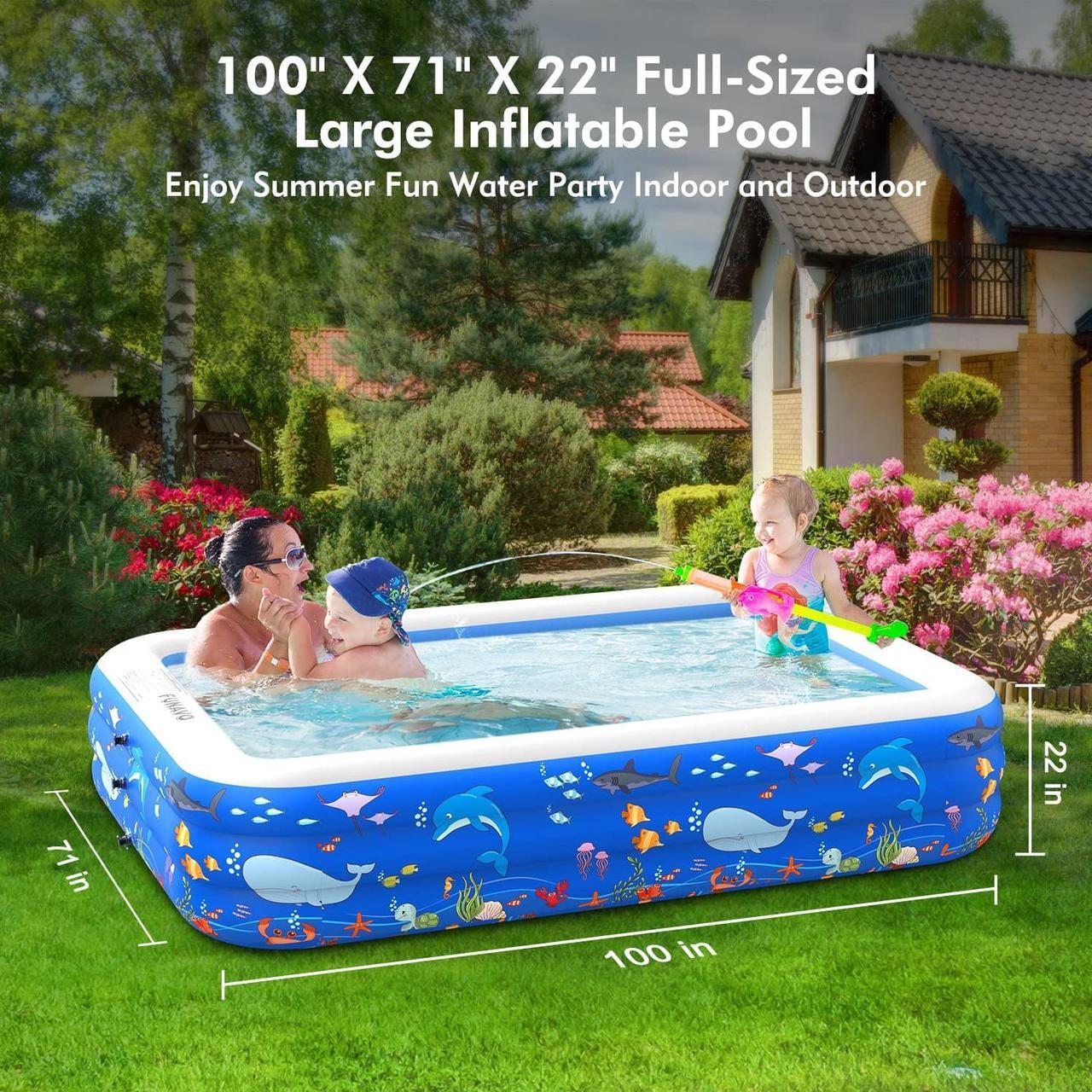 Alt view image 3 of 7 - TakeIt Inflatable Swimming Pools, Inflatable Pool for Kids, Kiddie, Toddler, Adults, 100" X 71" X 22" Family Full-Sized Swimming Pool, Lounge Pool for Outdoor, Backyard, Garden, Indoor, Lounge