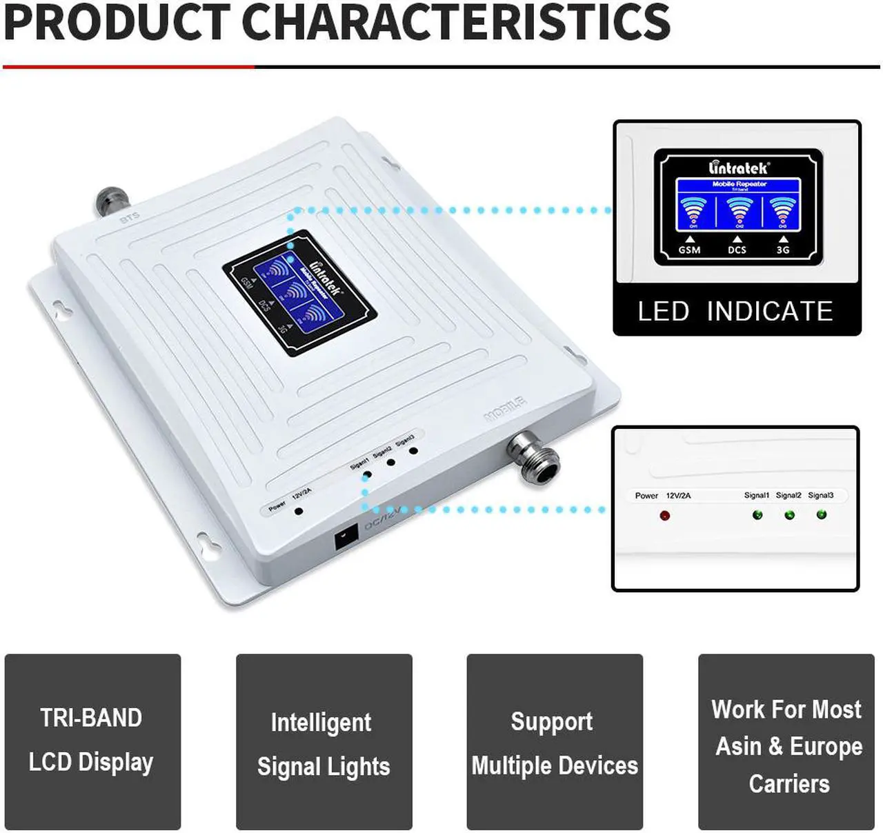 Alt view image 3 of 7 - Lintratek 900MHz 2100MHz 2600MHz Cellular Signal Booster Repeater GSM WCDMA 4G LTE Cell Phone Signal Booster for Home Basement