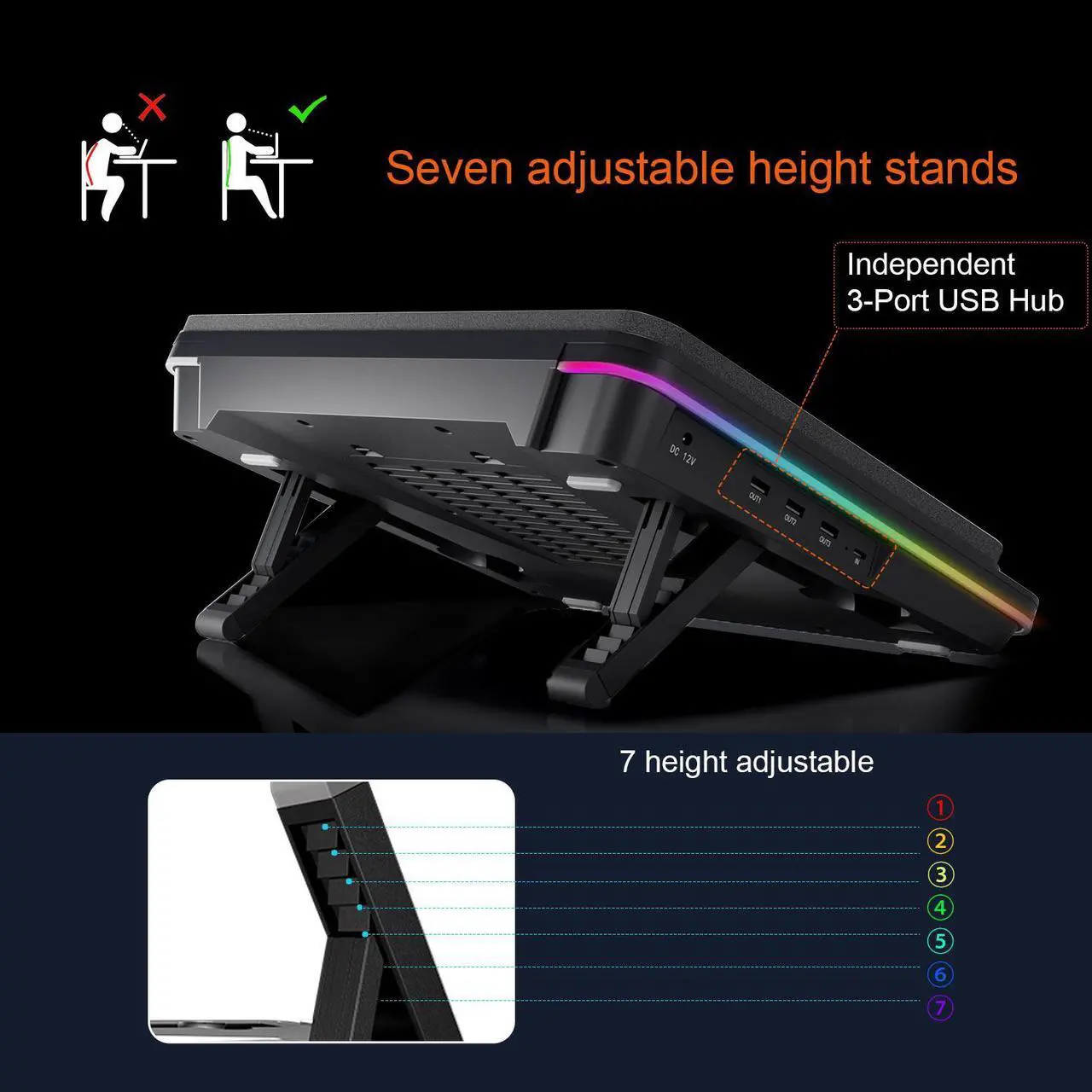 IETS GT600 RGB dizüstü bilgisayar soğutma pedi, 14 cm turbo fanlı, 14,1 – 19 ,3 inç dizüstü oyuncak bilgisayarları için
