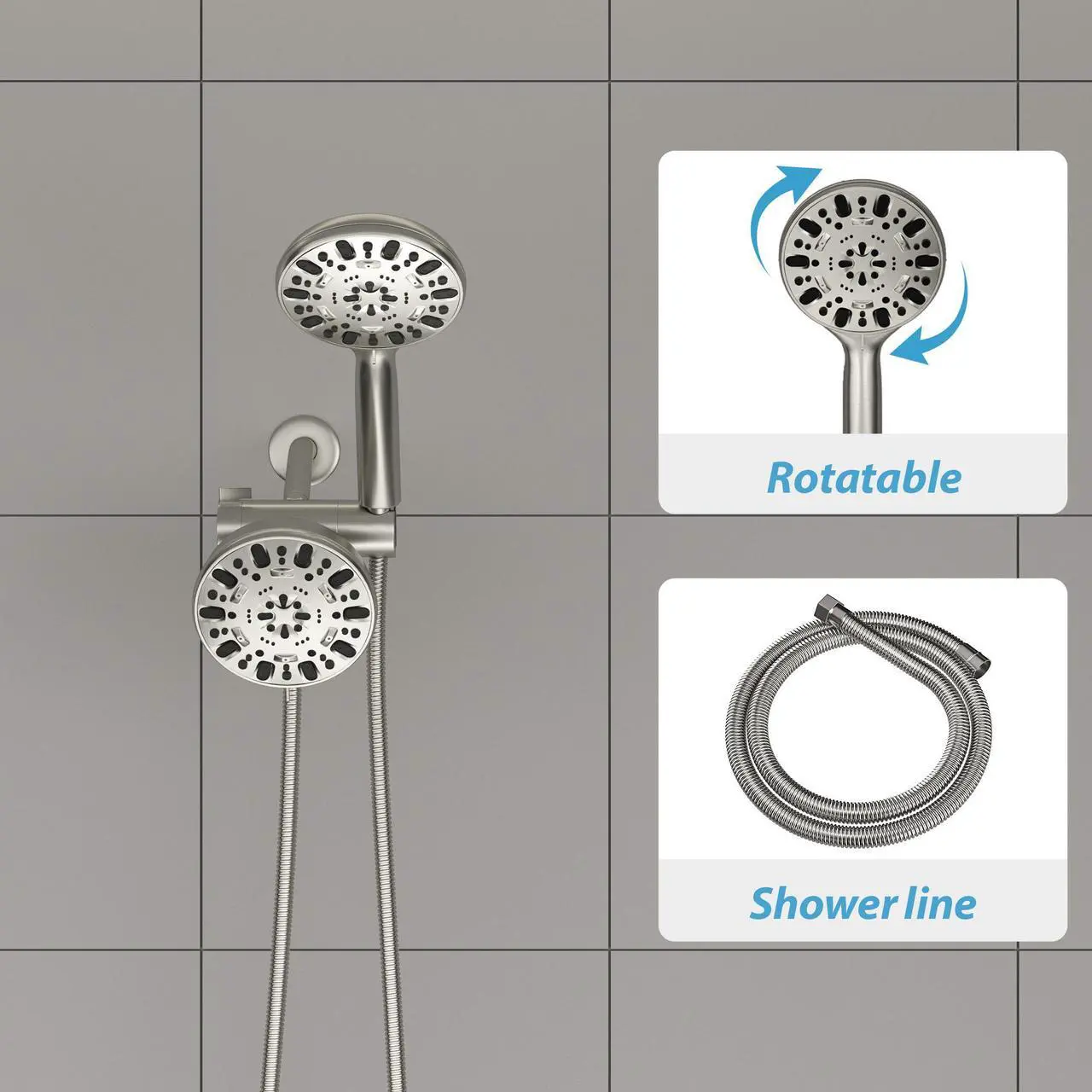 Alt view image 4 of 7 - Lordear Brushed Nickel 7-Function Dual Shower Head With Handheld Shower System