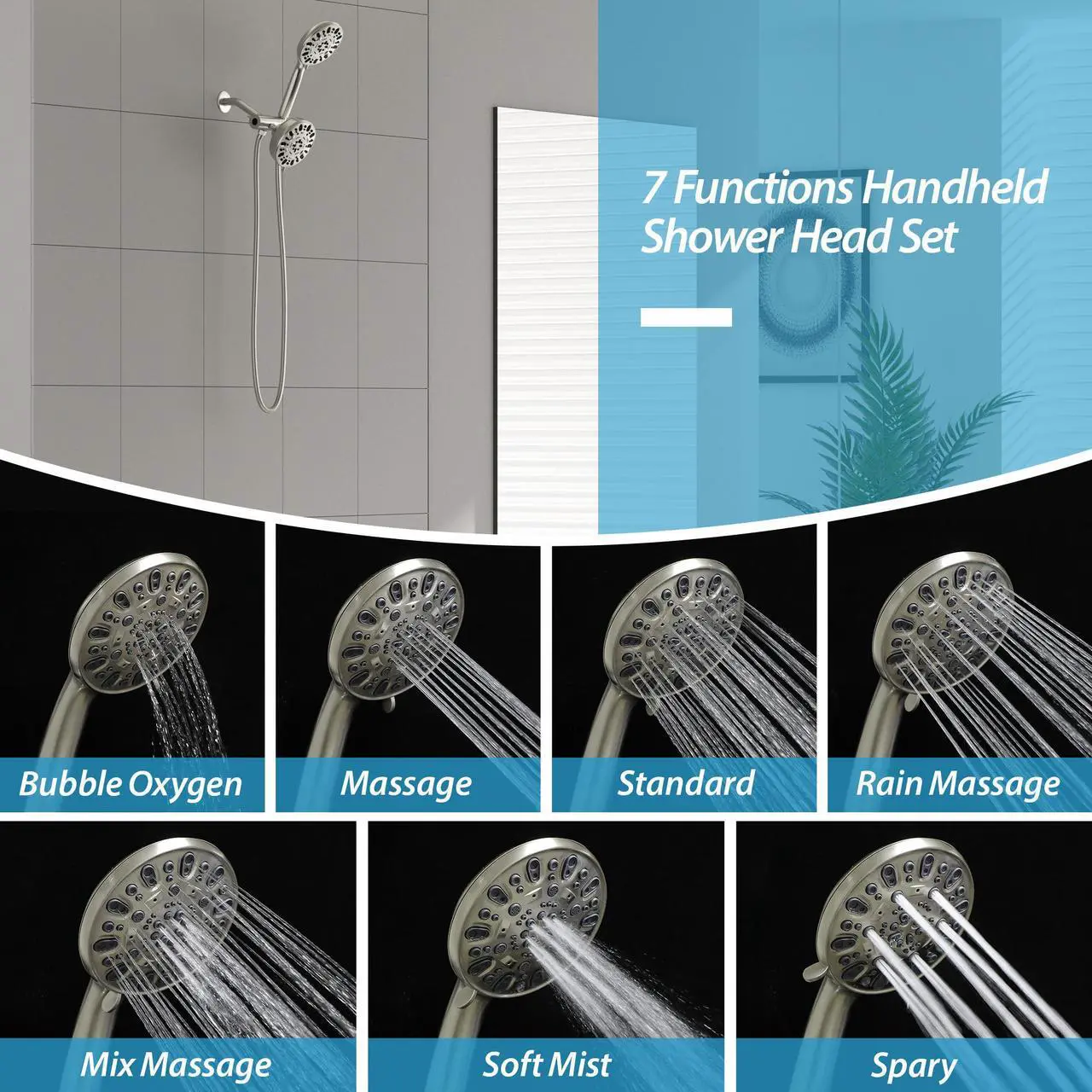 Alt view image 5 of 7 - Lordear Brushed Nickel 7-Function Dual Shower Head With Handheld Shower System