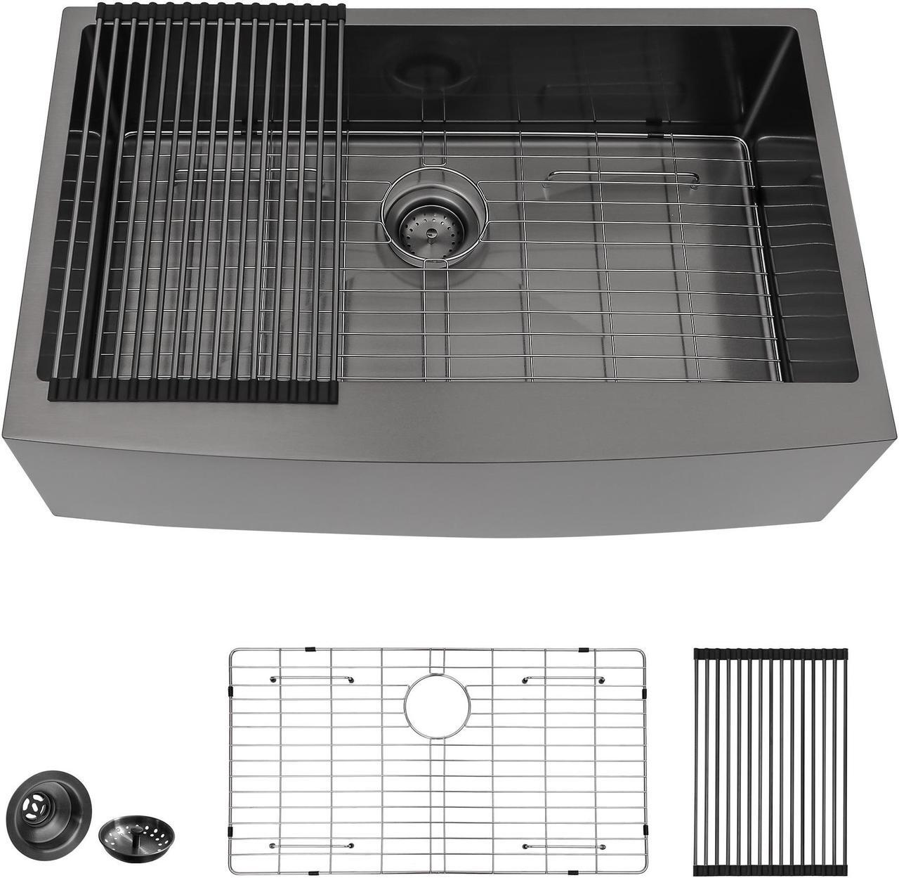 Main image of 30"(L) x 21"(W) x 10"(H) Gunmetal Black Stainless Steel Farmhouse Kitchen Sink 16 Guage Apron Front Kitchen Sink Undermount