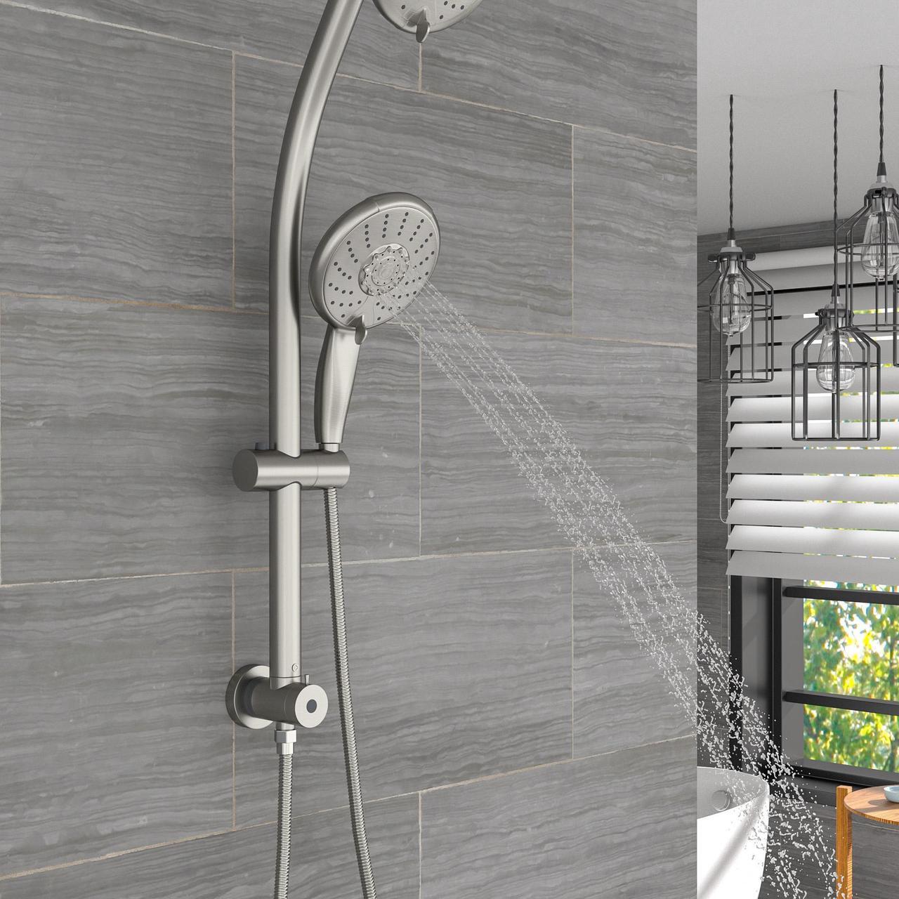 Alt view image 3 of 7 - Dual Rain Shower Head with Handheld 24.9 Drill-Free Adjustable Height Slide Bar 5 Setting Shower Combo Set-Chrome