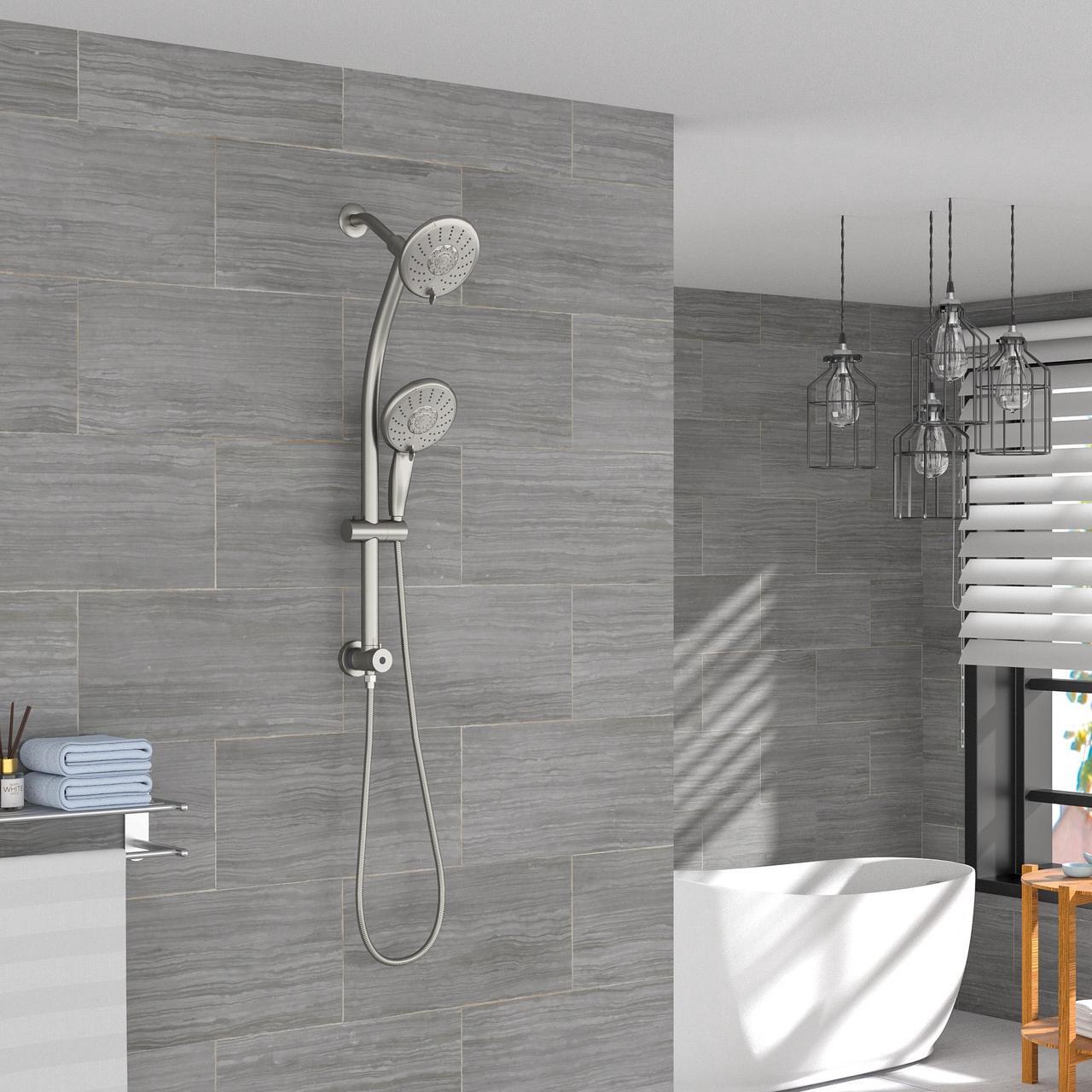 Alt view image 2 of 7 - Dual Rain Shower Head with Handheld 24.9 Drill-Free Adjustable Height Slide Bar 5 Setting Shower Combo Set-Chrome
