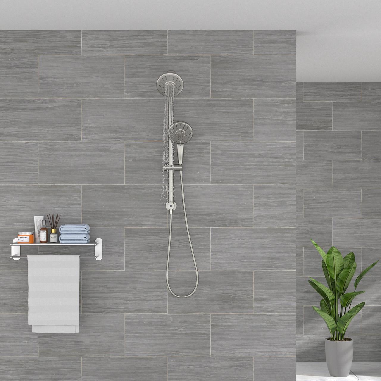 Alt view image 4 of 7 - Dual Rain Shower Head with Handheld 24.9 Drill-Free Adjustable Height Slide Bar 5 Setting Shower Combo Set-Chrome