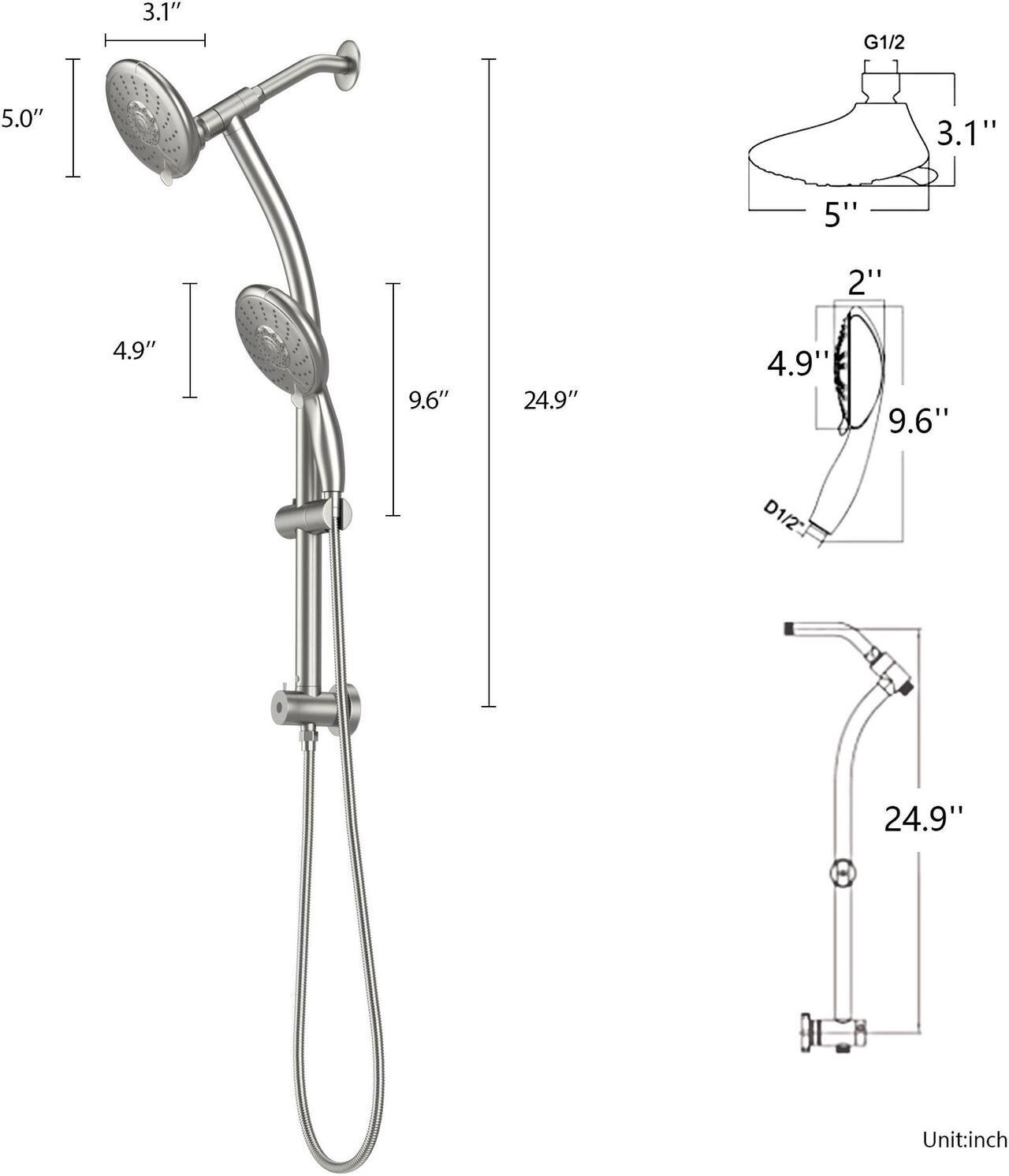 Alt view image 7 of 7 - Dual Rain Shower Head with Handheld 24.9 Drill-Free Adjustable Height Slide Bar 5 Setting Shower Combo Set-Chrome