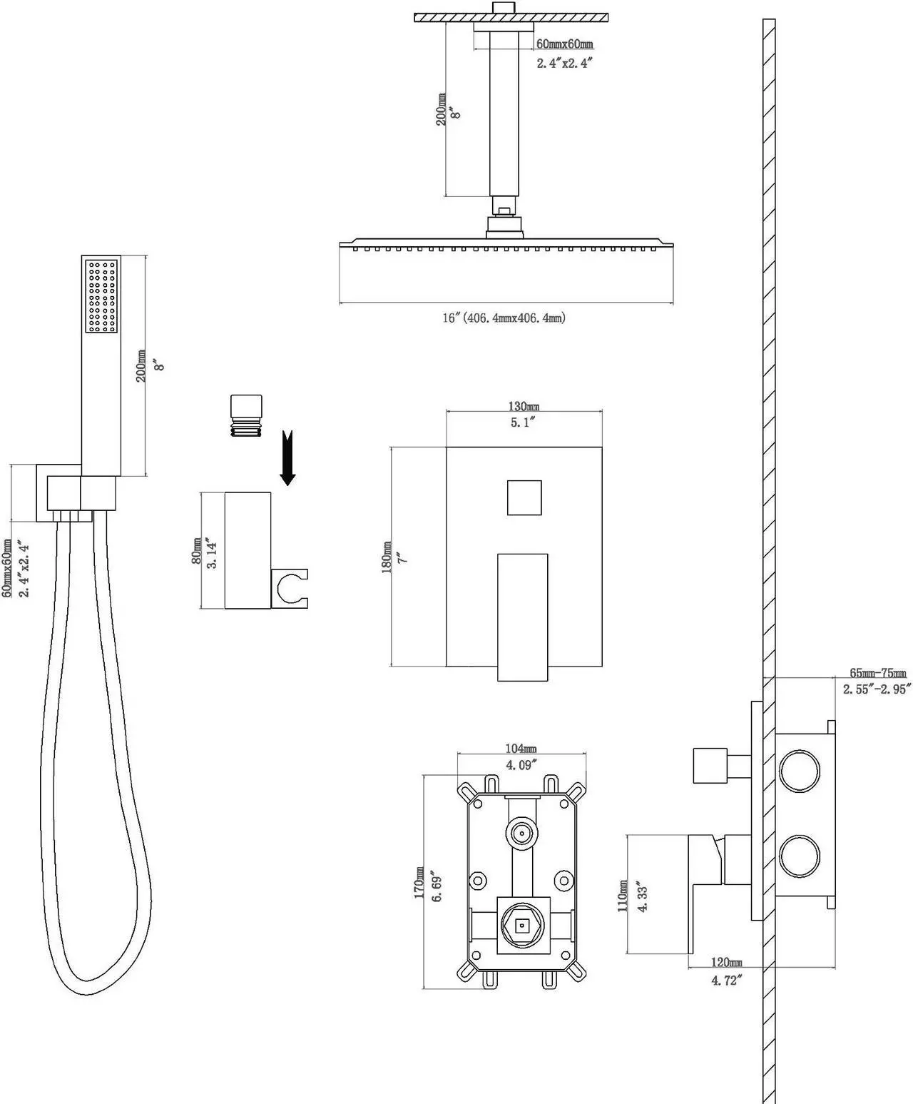 Alt view image 7 of 7 - Ceiling Mount Dual Shower System 16'' High Pressure Shower Head and Handheld Shower Bathroom Luxury Rain Shower Combo with Rough-in Valve,Chrome