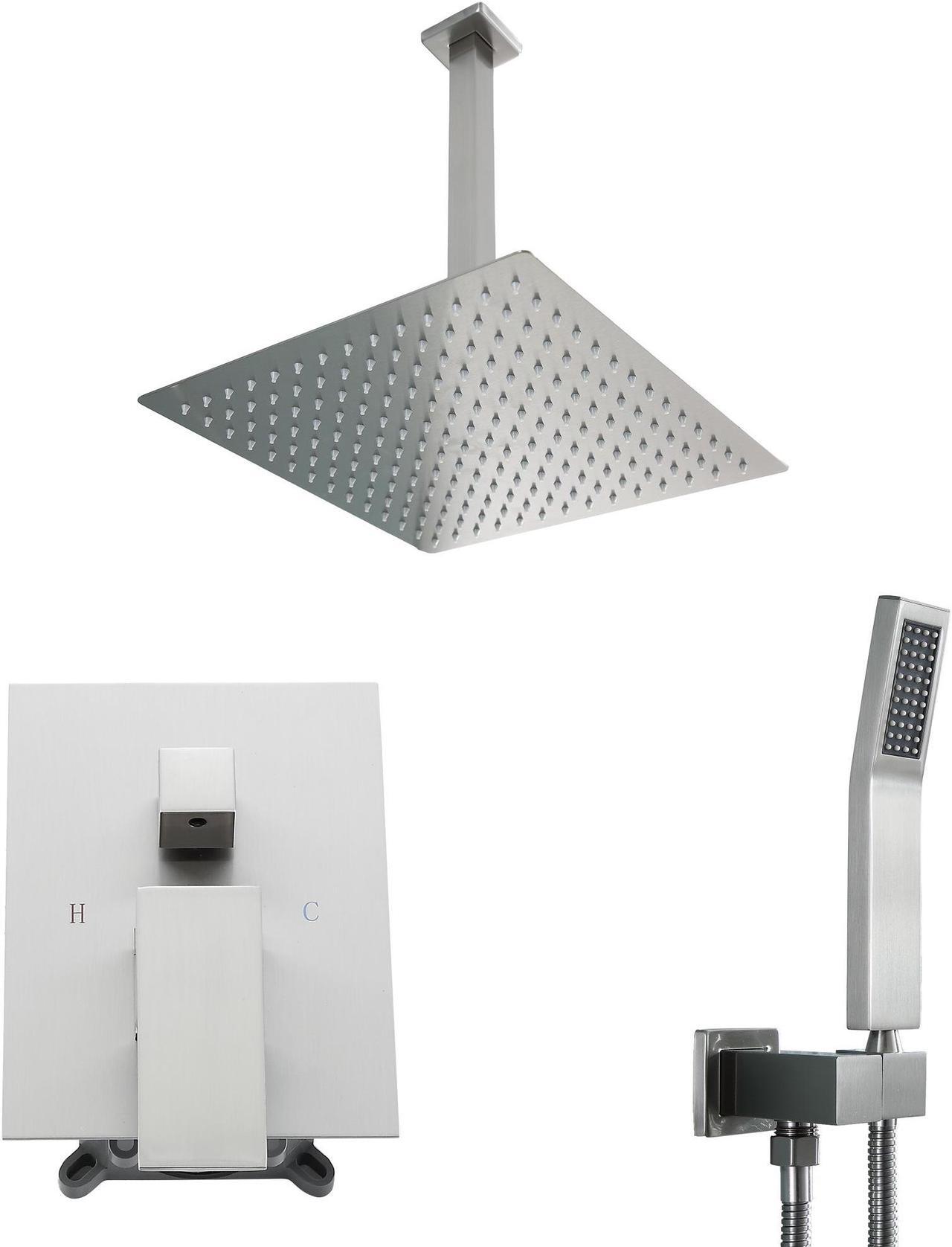 Main image of 16''Ceiling Mounted Dual Shower Combo Bathroom Luxury Rain Shower Head and Handheld High Pressure Shower Set with Rough-in Valve,Brushed Nickel