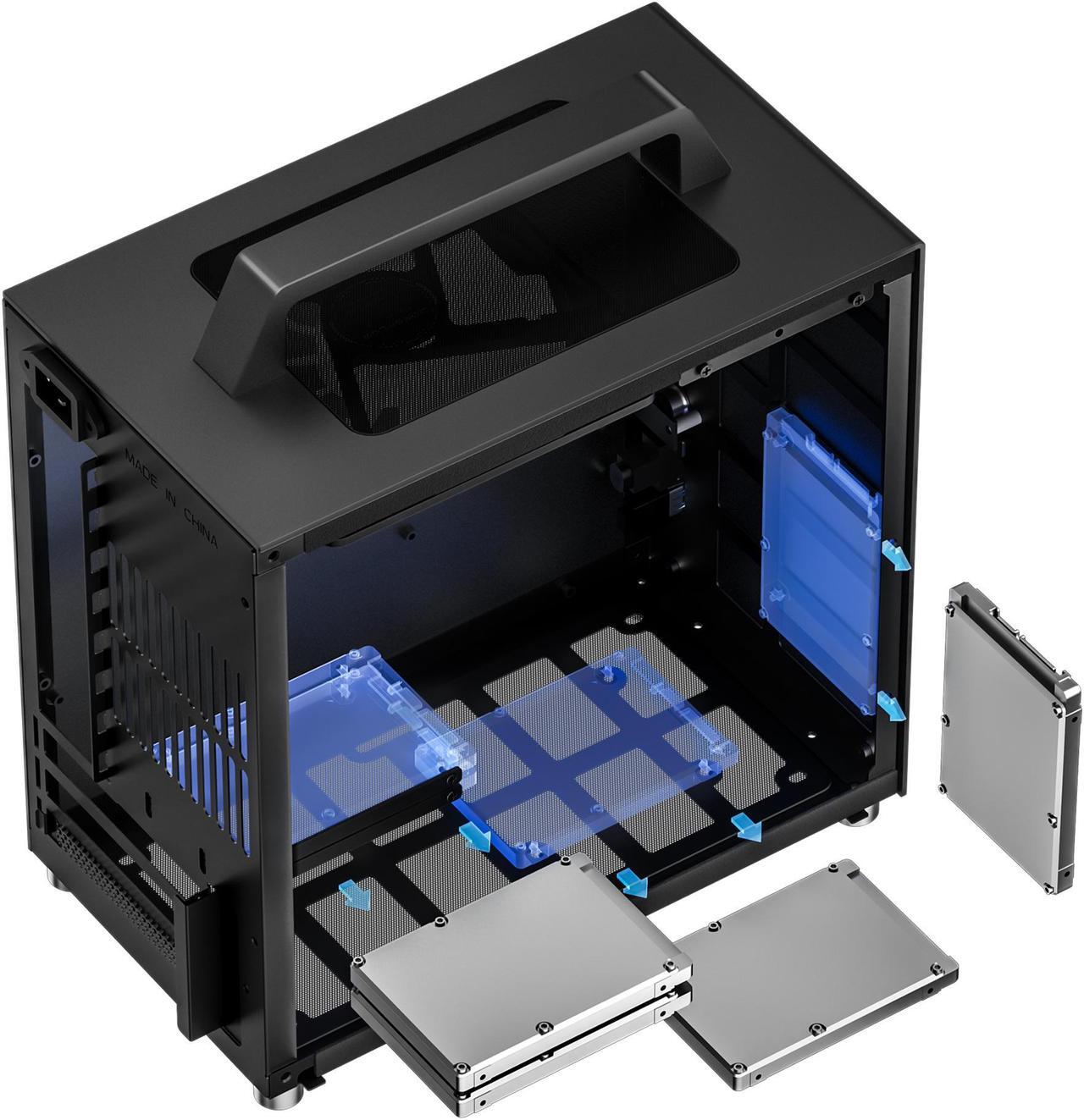 Alt view image 6 of 7 - JONSBO T8 PLUS BLACK Mini- ITX  Tower Computer Case, Portable Mini ITX case  Aluminum/Steel/Tempered Glass-1 Side, PSU ATX (Max.140mm), 4 Drive Bay, Built-in 1x140mm Fan Top, Black pc case