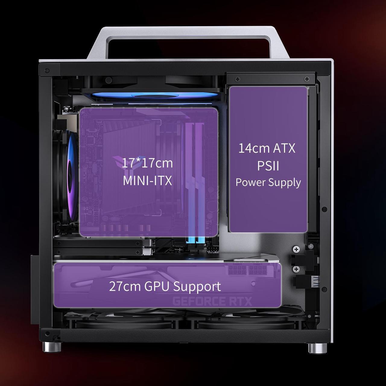 Alt view image 7 of 7 - JONSBO T8 PLUS BLACK Mini- ITX  Tower Computer Case, Portable Mini ITX case  Aluminum/Steel/Tempered Glass-1 Side, PSU ATX (Max.140mm), 4 Drive Bay, Built-in 1x140mm Fan Top, Black pc case