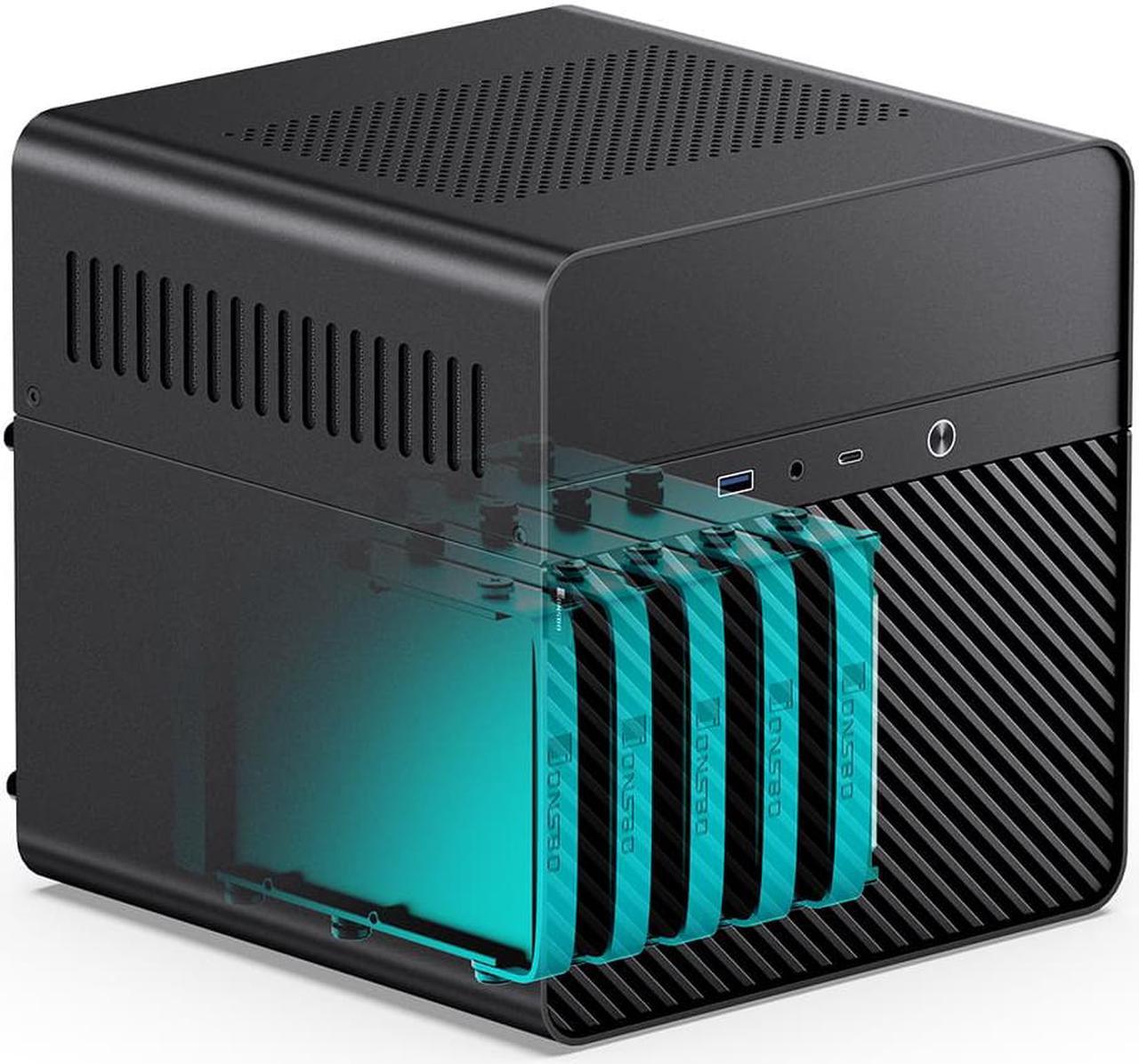 JONSBO N2 BLACK Mini NAS Case ITX, 5+1 Disk Bays Mini Aluminum with Steel Plate Case, Built-in 12cm Fan, SFX Power Bite (L150mm Max.), Support 65mm CPU Cooler , Integrated Upper Cover Removable,Black