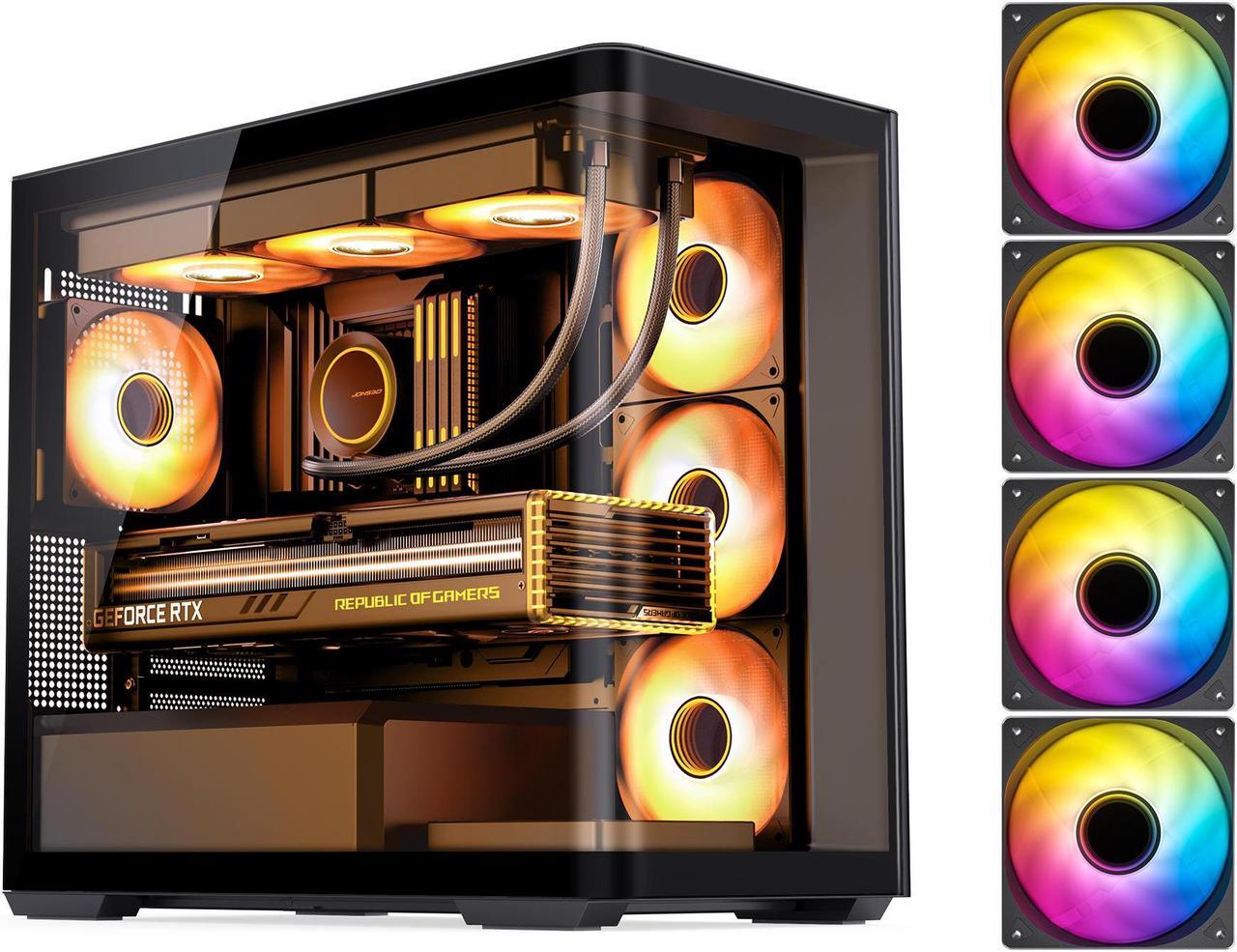 Main image of JONSBO D300 BLACK Micro-ATX Computer Case, One-piece Glass Panel AO270 Deg View , MATX Back Plug-in BTF MB, Support 360 AIO, Support 40-series GPU,With 120mm ARGB Fans 4PCS (3 Reverse +1), Black