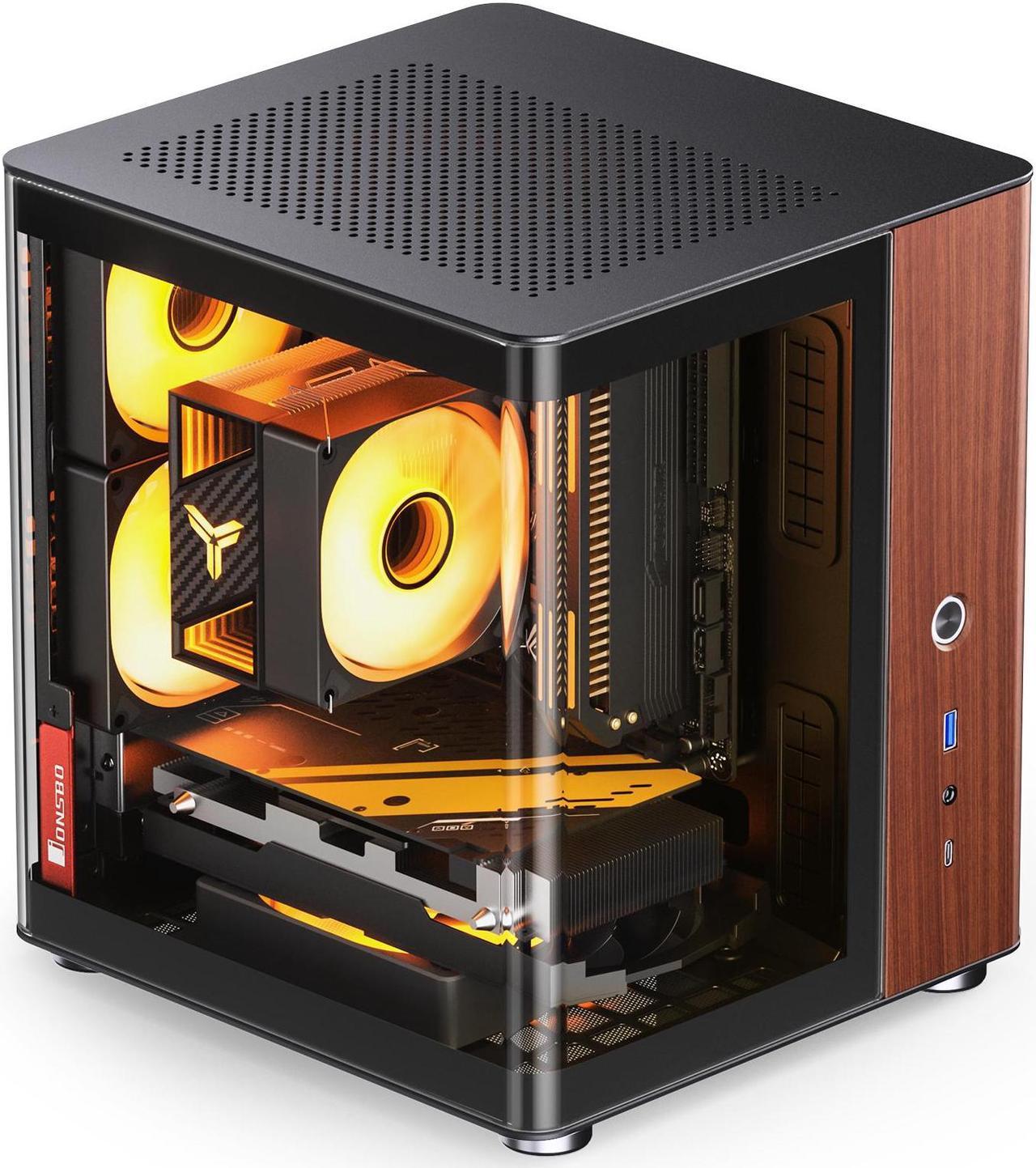 JONSBO TK-0 Separated Cabinet ITX Case Mini Tower,270° Dual-Curved Glass, Al/Solid Walnut Wood, Compact Desktop Case SP GPU 230mm,Separate Air Intake for PSU, Multi Vents Cooling,4 Fan Position,Black