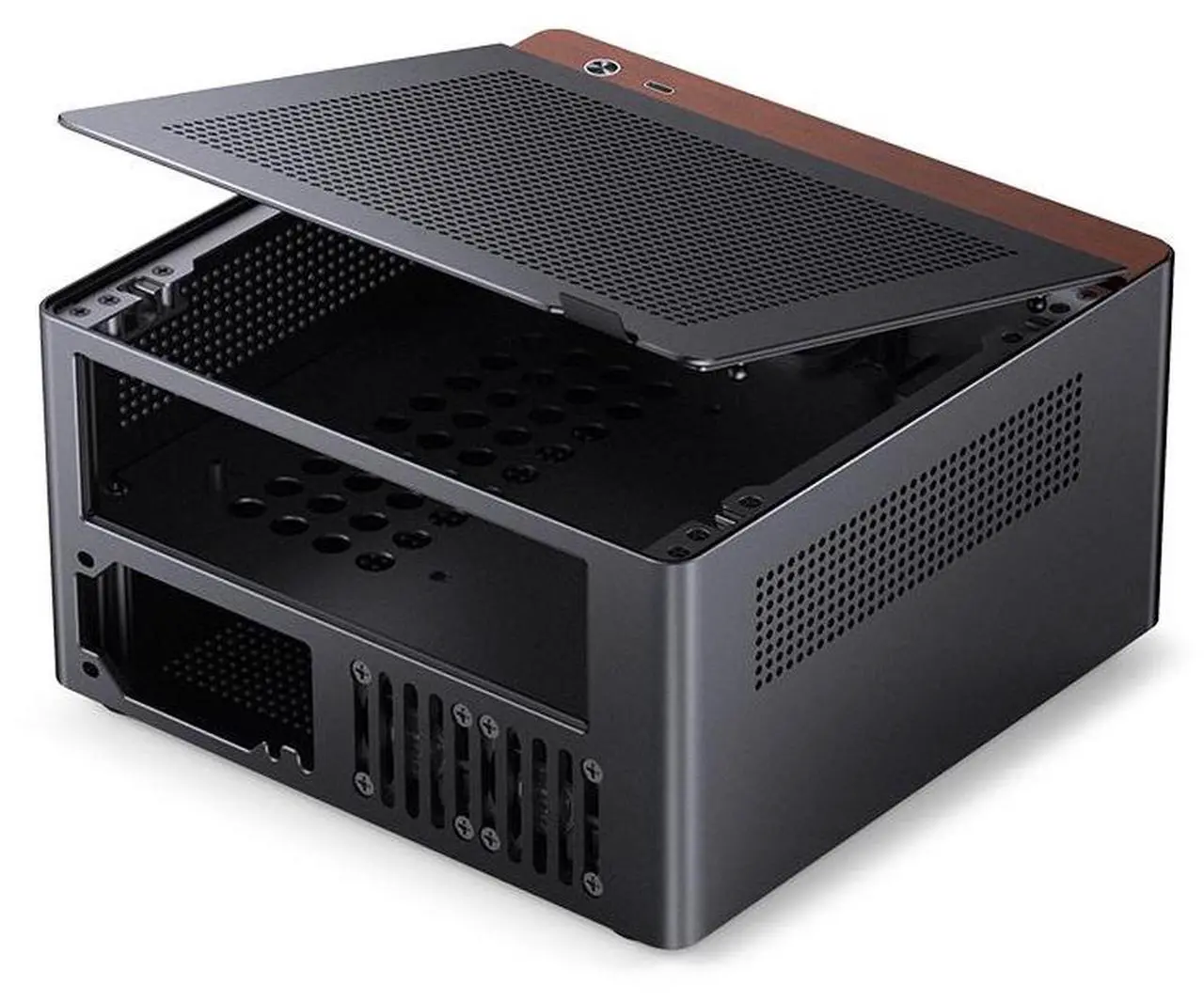 Alt view image 3 of 6 - JONSBO N10 BLACK MINI ITX PC Case, Aluminum Alloy with Walnut Trim Desktop Case, Standing or Lying , Compatible with 1U Flex PSU,Compact & Portable 4.5L SFF Case, With 2Fans,4x2.5"SSD, Black