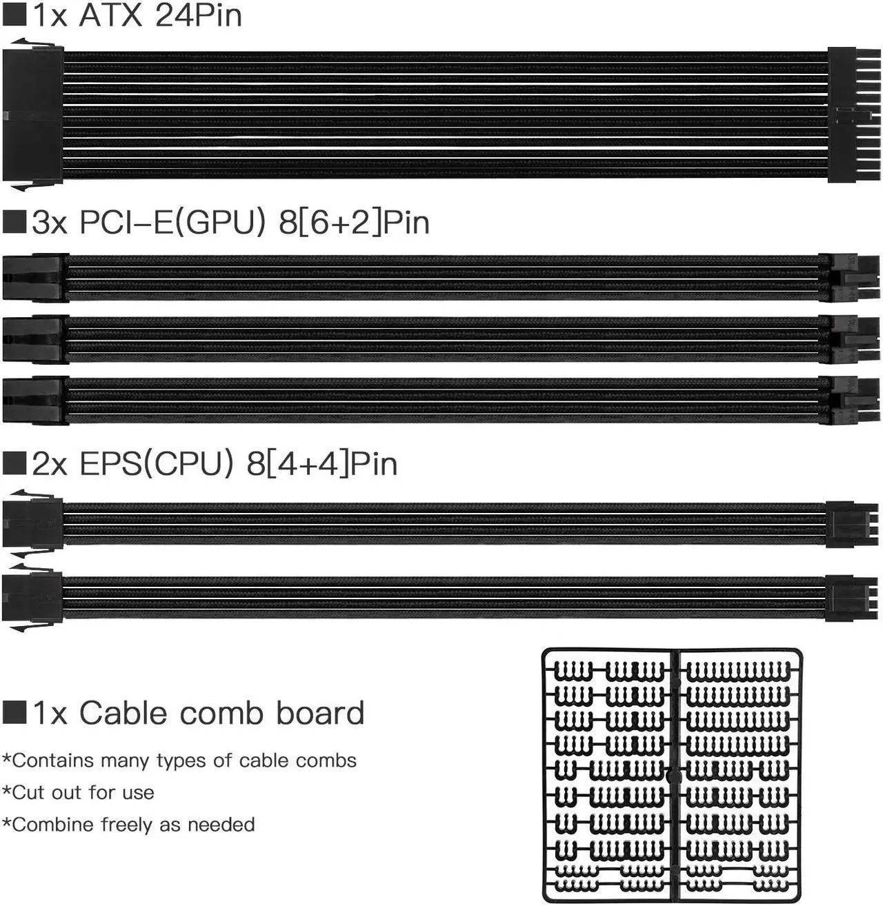 Alt view image 3 of 7 - FormulaMod Advanced PSU Extension Cable Kit, Sleeved PSU Cable Combo, 300mm High Compatibility With Combs, ATX 24Pin / PCI-E GPU 8Pin / EPS CPU 8Pin, Fm-NCK1-I White - Opposite bending
