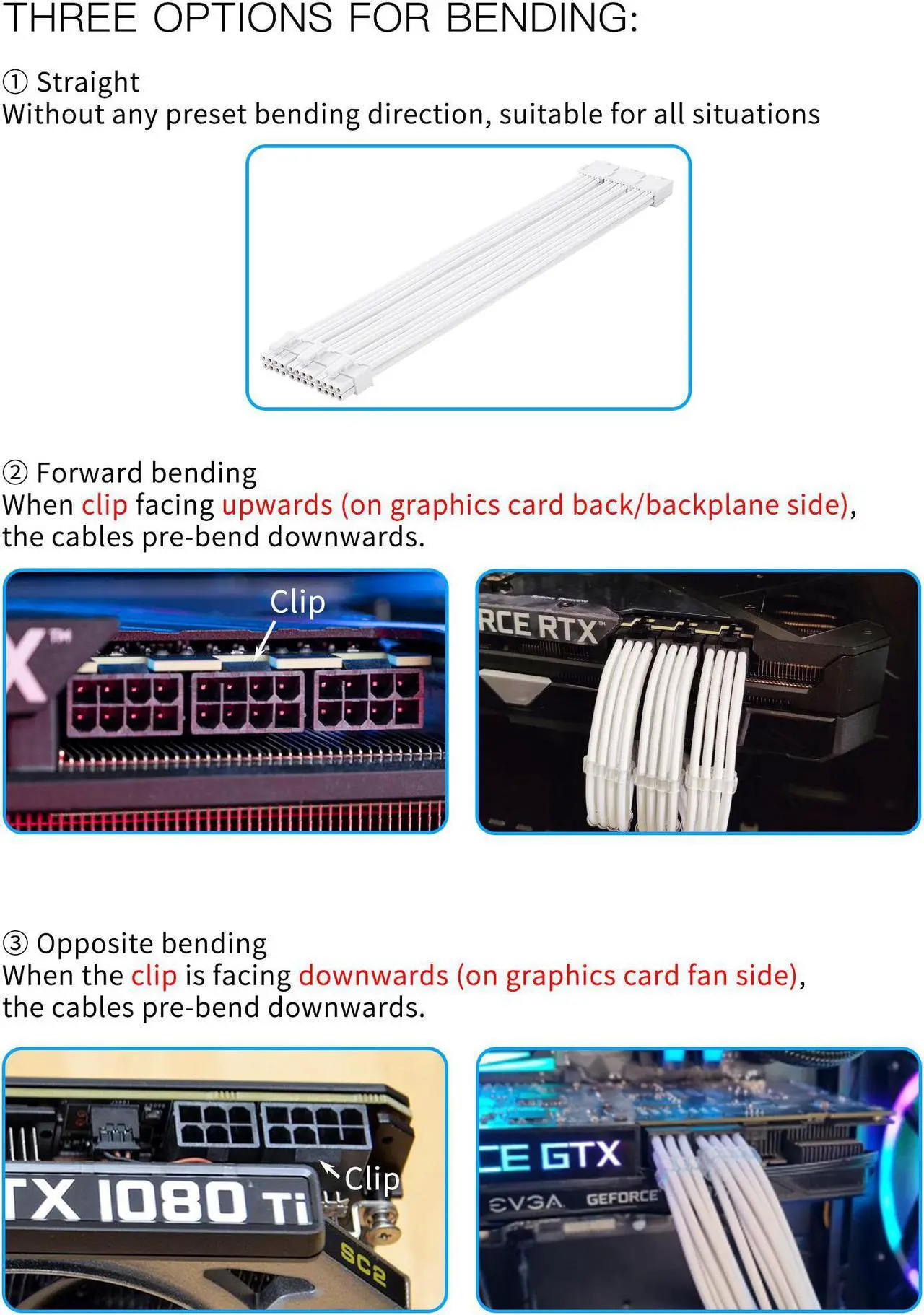 Alt view image 6 of 7 - FormulaMod Advanced PSU Extension Cable Kit, Sleeved PSU Cable Combo, 300mm High Compatibility With Combs, ATX 24Pin / PCI-E GPU 8Pin / EPS CPU 8Pin, Fm-NCK1-I White - Opposite bending