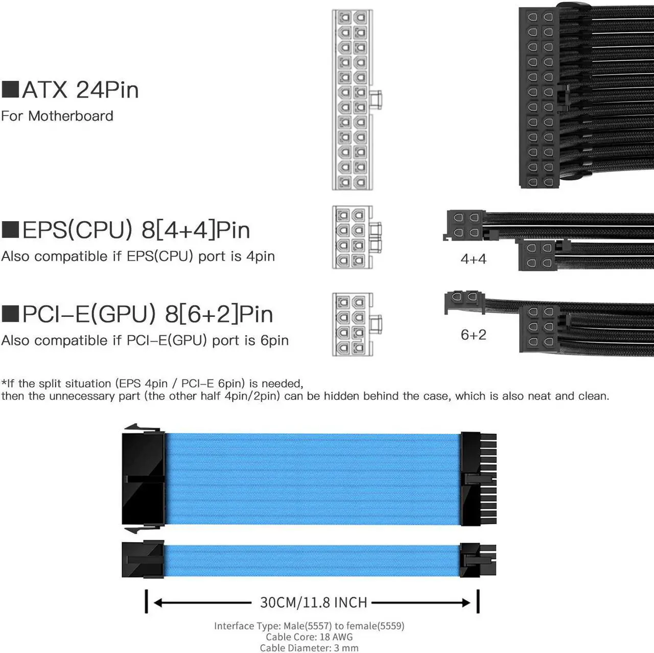Alt view image 4 of 7 - FormulaMod Advanced PSU Extension Cable Kit, Sleeved PSU Cable Combo, 300mm High Compatibility With Combs, ATX 24Pin / PCI-E GPU 8Pin / EPS CPU 8Pin, Fm-NCK1-I White - Opposite bending