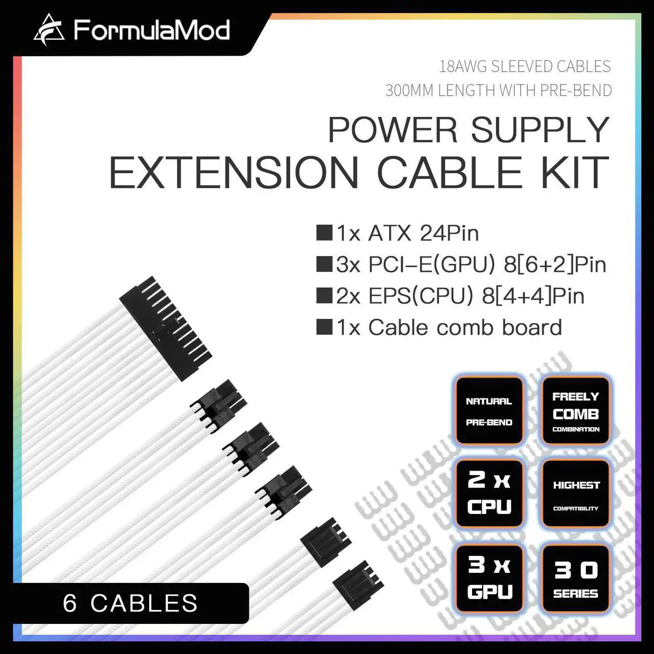 Alt view image 2 of 7 - FormulaMod Advanced PSU Extension Cable Kit, Sleeved PSU Cable Combo, 300mm High Compatibility With Combs, ATX 24Pin / PCI-E GPU 8Pin / EPS CPU 8Pin, Fm-NCK1-I White - Opposite bending