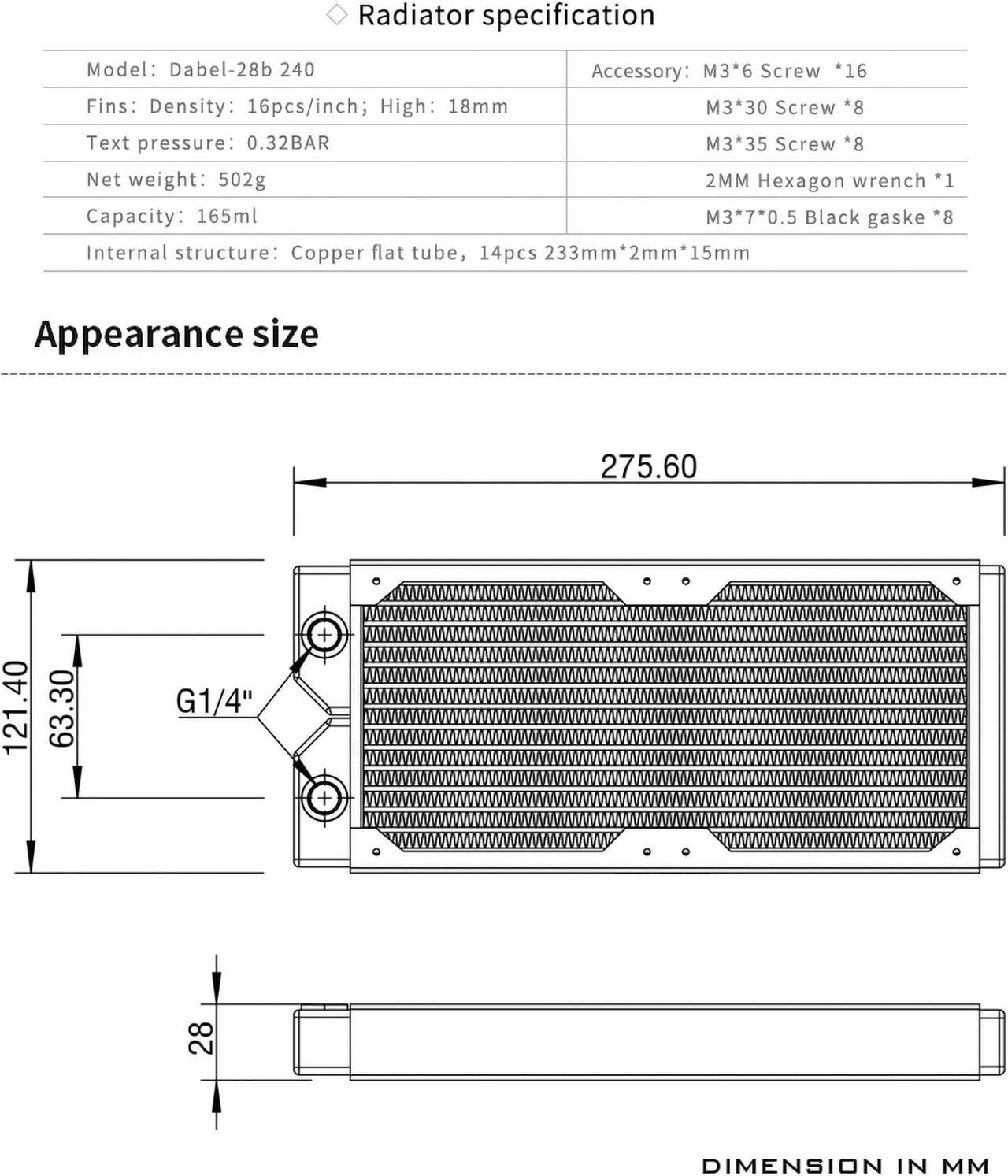 Alt view image 6 of 7 - Barrow 240mm Copper Radiator With 28mm Thick G1/4" Thread, Black High-density Radiator For Computer Water Cooling system, 240 Black Dabel-28b 240