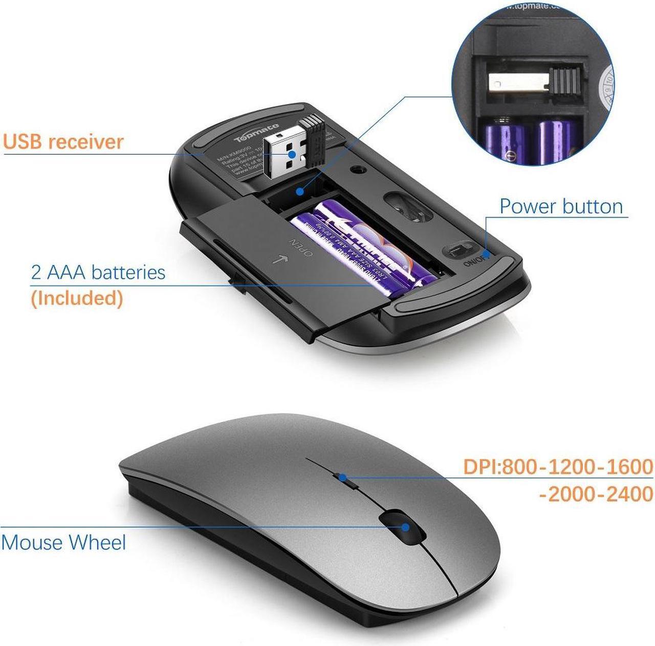 Alt view image 4 of 6 - Wireless Keyboard and Mouse Ultra Slim Combo, TopMate 2.4G Silent Compact USB Mouse and Scissor Switch Keyboard Set with Cover, 2 AA and 2 AAA Batteries, for PC/Laptop/Windows/Mac - Gray Black