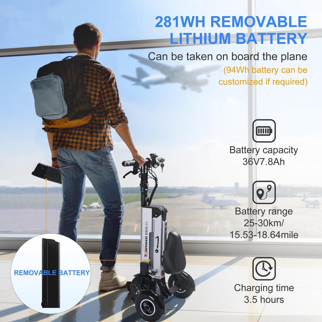 Alt view image 2 of 6 - TopMate ES33 Electric Scooter 3 Wheels Travel & Airline Friendly with 7.8Ah Removable Lithium Battery for Adult, Foldable Mobility Scooter with Reverse Function and Key Switch, Lightweight E-Tricycle