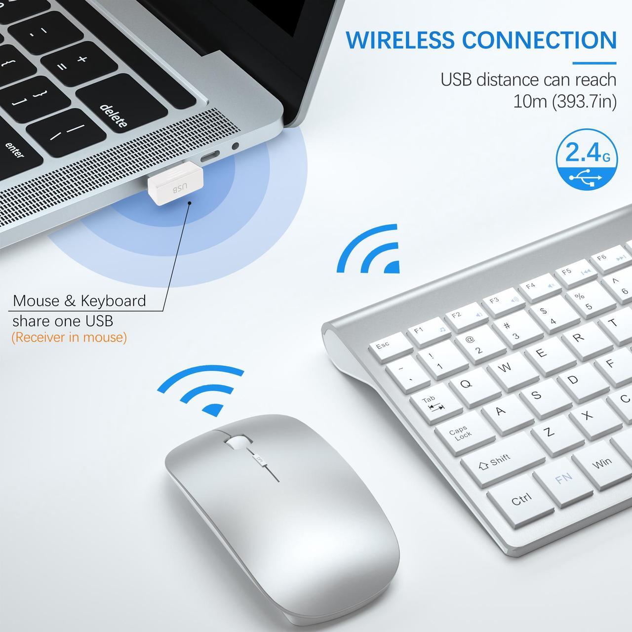 Alt view image 4 of 6 - TopMate Wireless Keyboard and Mouse Ultra Slim Combo, 2.4G Silent Compact USB 2400DPI Mouse and Scissor Switch Keyboard Set with Cover, 2 AA and 2 AAA Batteries, for PC/Laptop/Windows/Mac-Silver White
