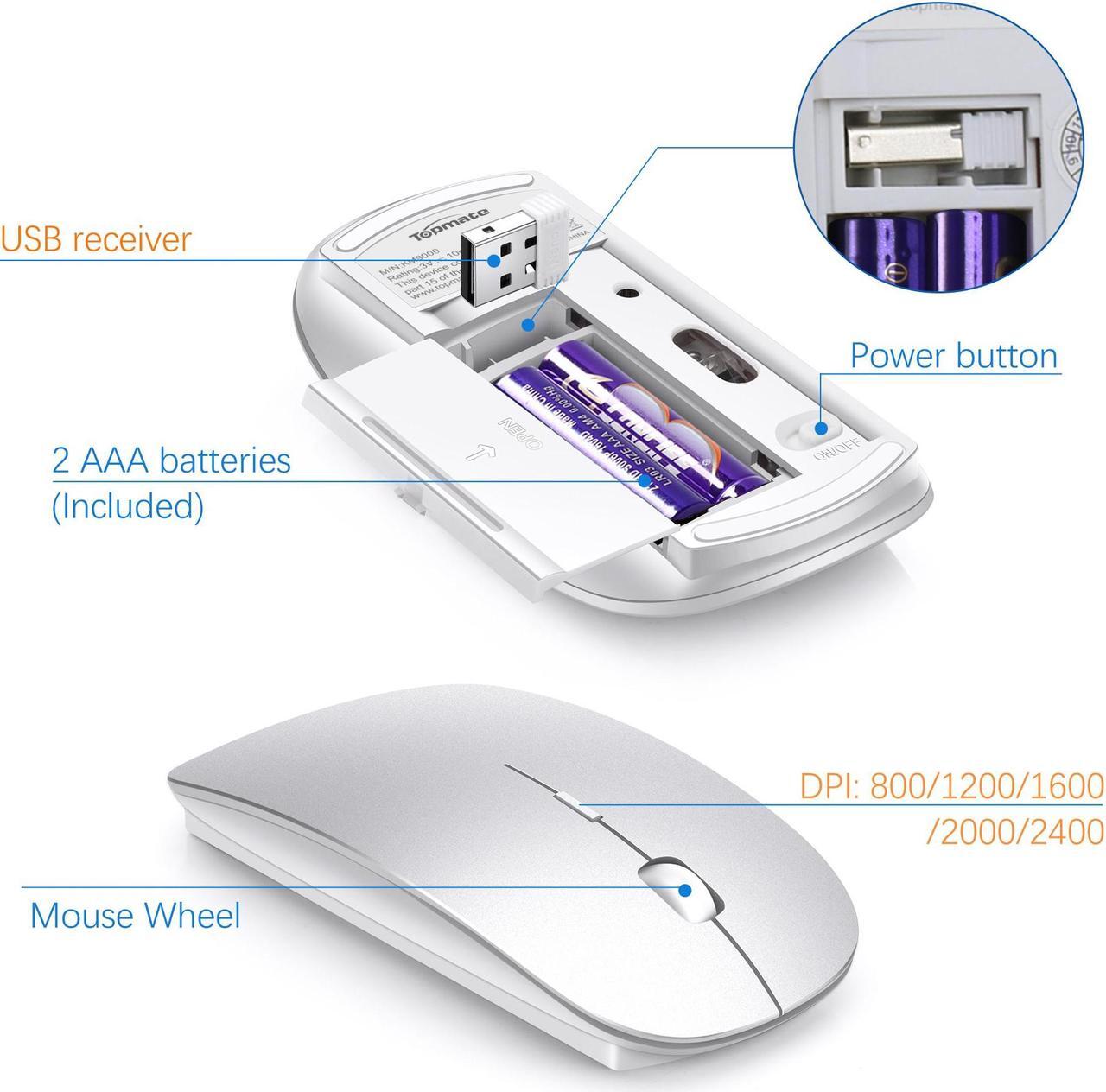 Alt view image 5 of 6 - TopMate Wireless Keyboard and Mouse Ultra Slim Combo, 2.4G Silent Compact USB 2400DPI Mouse and Scissor Switch Keyboard Set with Cover, 2 AA and 2 AAA Batteries, for PC/Laptop/Windows/Mac-Silver White