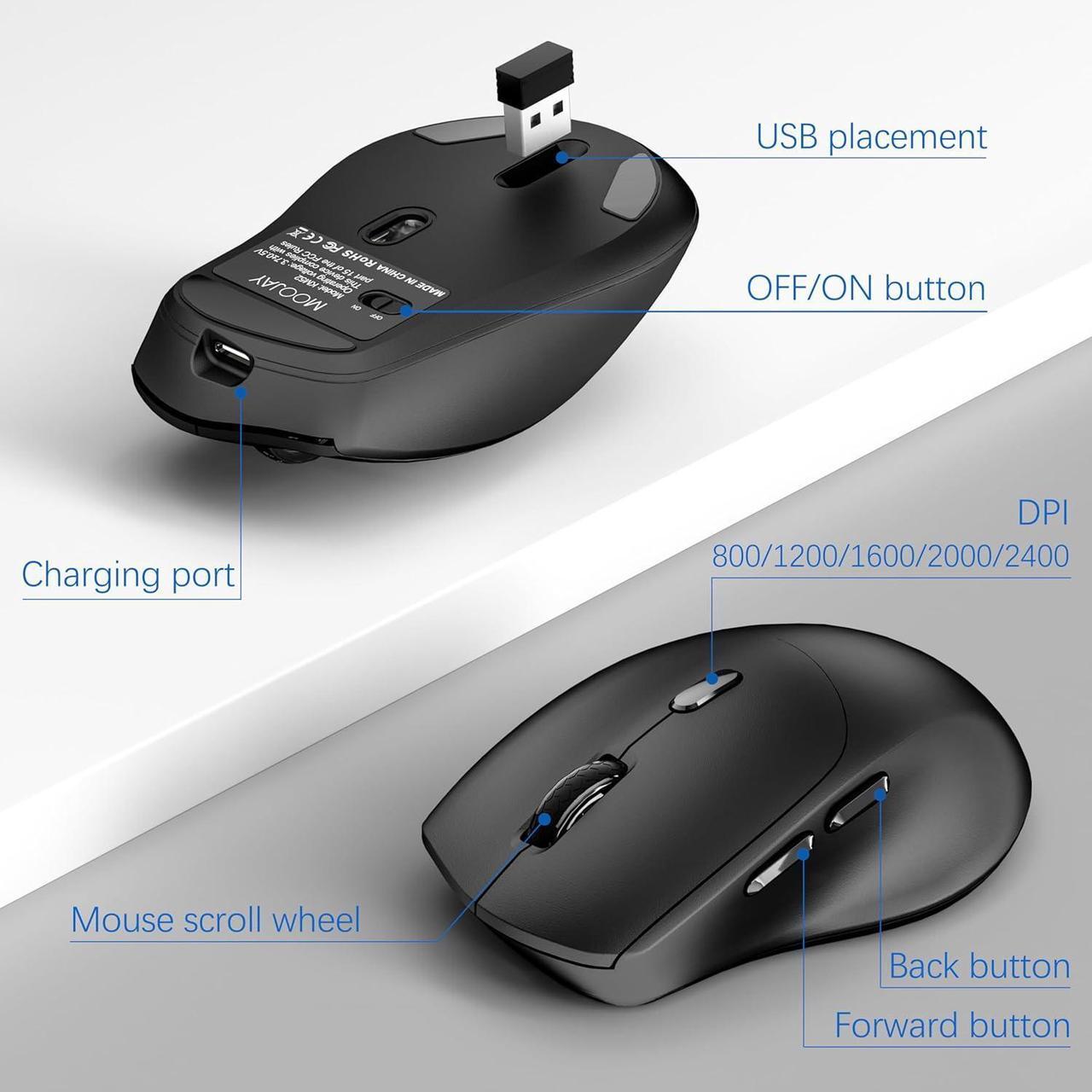 Alt view image 2 of 6 - Wireless Rechargable  Keyboard and Mouse Ergonomic Combo, Moojay 2.4G Full-Sized Quiet Wave Keyboard Silent Mice Set with Wrist Rest and Phone Holder for Computer, Laptop, PC, Mac, Windows - Black