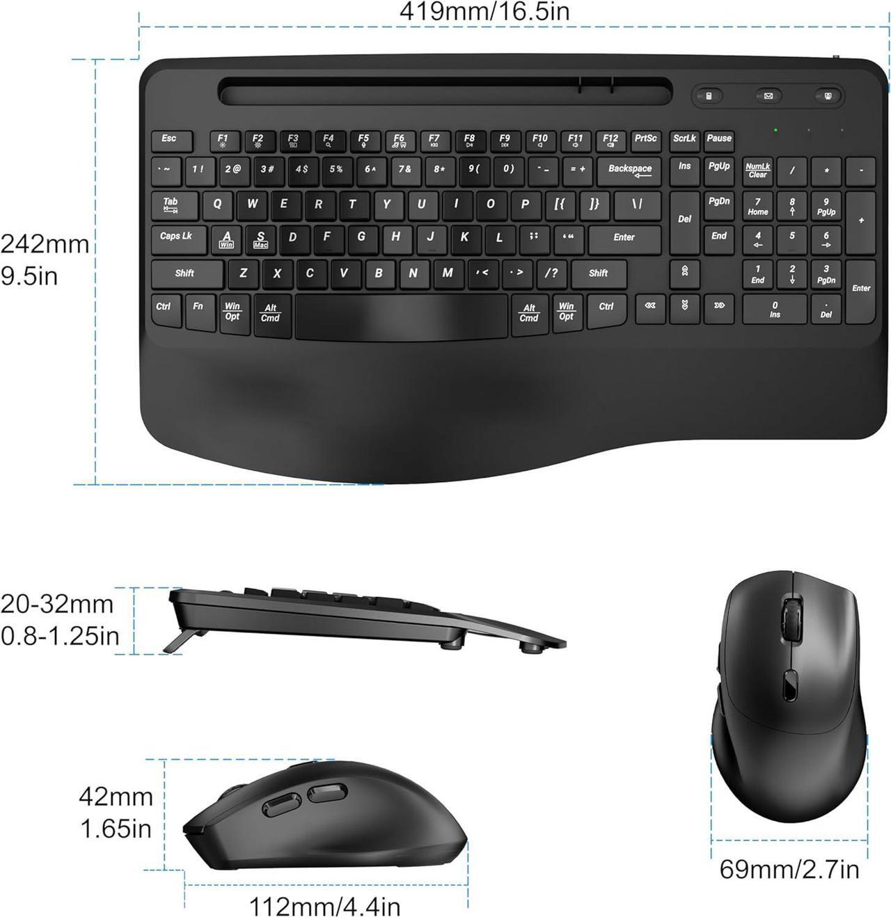 Alt view image 3 of 6 - Wireless Rechargable  Keyboard and Mouse Ergonomic Combo, Moojay 2.4G Full-Sized Quiet Wave Keyboard Silent Mice Set with Wrist Rest and Phone Holder for Computer, Laptop, PC, Mac, Windows - Black