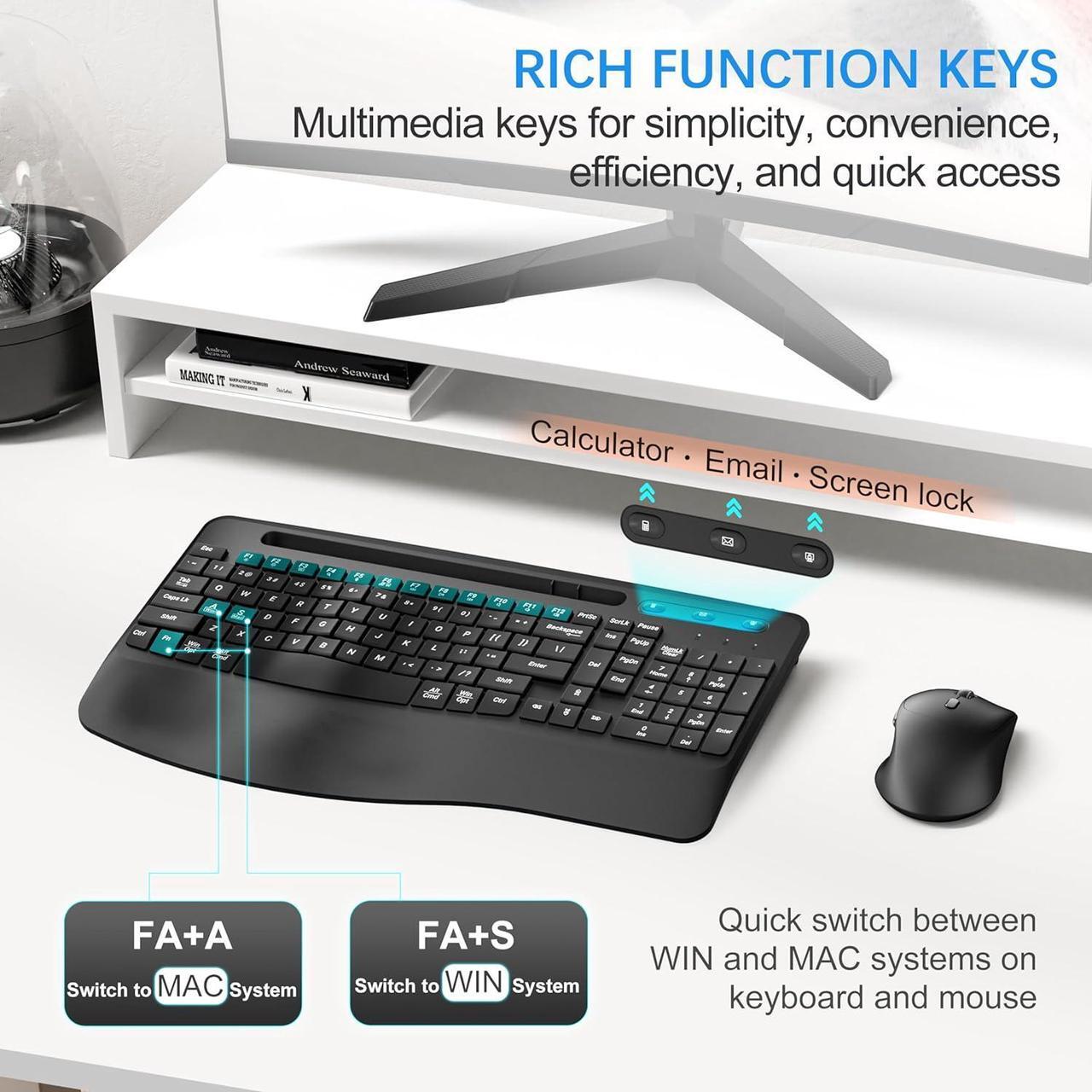 Alt view image 4 of 6 - Wireless Rechargable  Keyboard and Mouse Ergonomic Combo, Moojay 2.4G Full-Sized Quiet Wave Keyboard Silent Mice Set with Wrist Rest and Phone Holder for Computer, Laptop, PC, Mac, Windows - Black