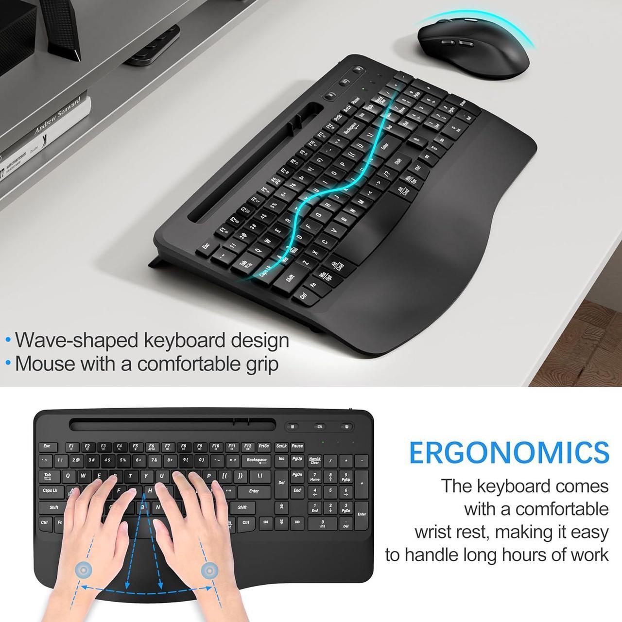 Alt view image 5 of 6 - Wireless Rechargable  Keyboard and Mouse Ergonomic Combo, Moojay 2.4G Full-Sized Quiet Wave Keyboard Silent Mice Set with Wrist Rest and Phone Holder for Computer, Laptop, PC, Mac, Windows - Black