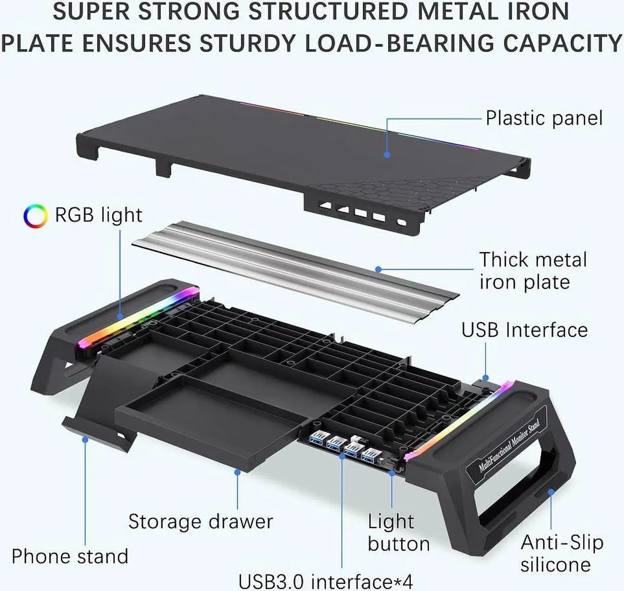 Alt view image 2 of 6 - Monitor Stand for Desk RGB Gaming Lights with 4 USB 3.0 Hub, MOOJAY Foldable Computer Screen Riser with Storage Drawer and Phone Holder, Desk Organizer with Pen Tray for PC/Laptop/iMac - Black