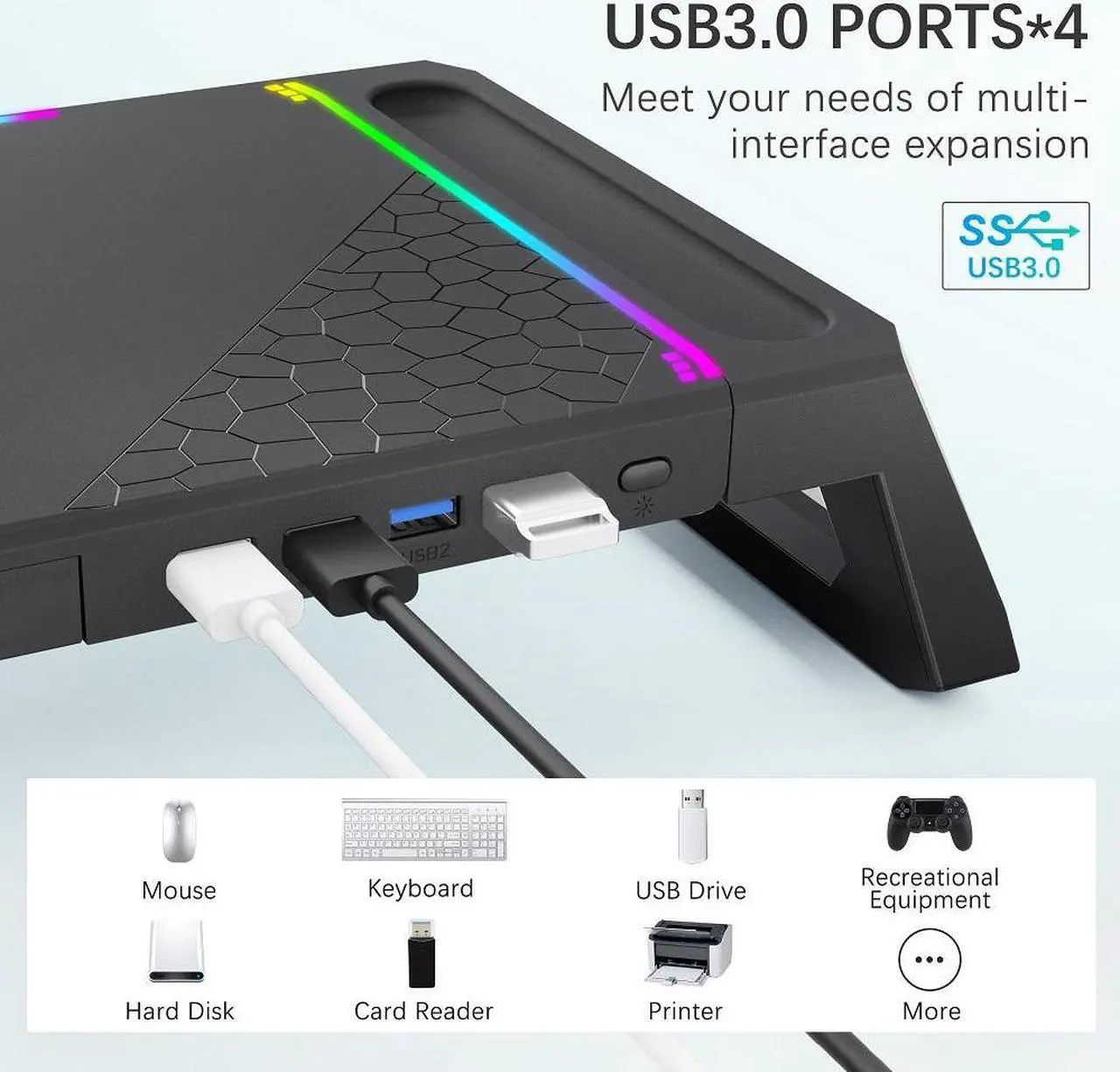 Alt view image 3 of 6 - Monitor Stand for Desk RGB Gaming Lights with 4 USB 3.0 Hub, MOOJAY Foldable Computer Screen Riser with Storage Drawer and Phone Holder, Desk Organizer with Pen Tray for PC/Laptop/iMac - Black