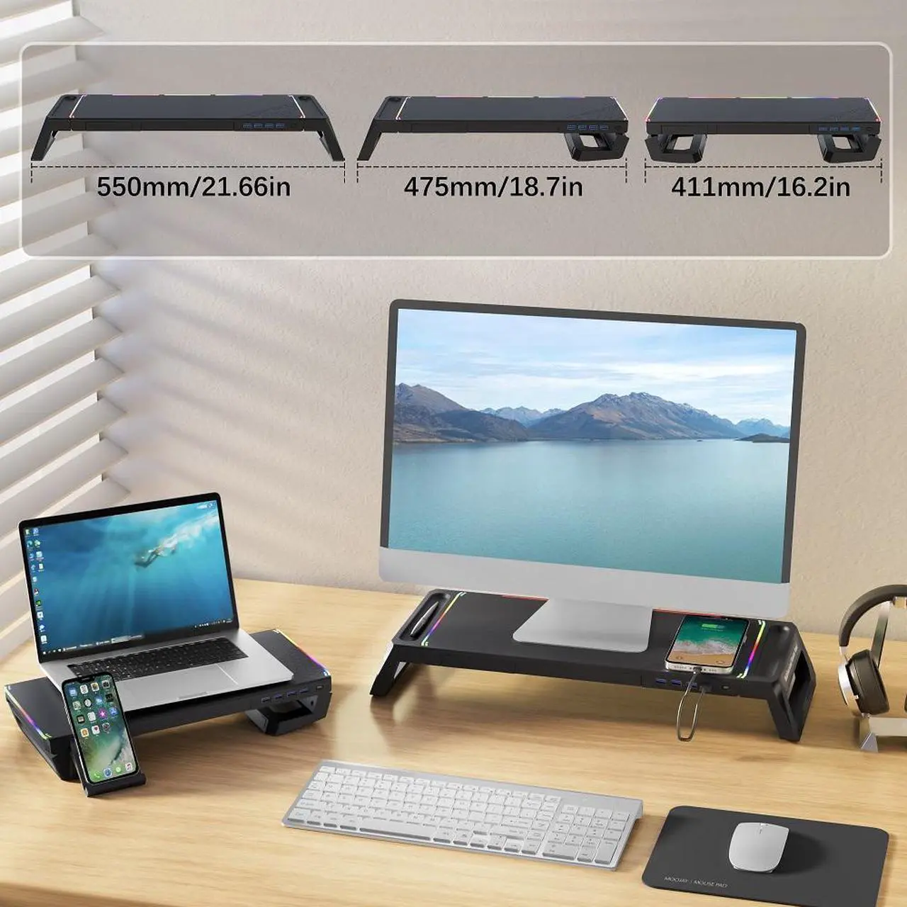 Alt view image 6 of 6 - Monitor Stand for Desk RGB Gaming Lights with 4 USB 3.0 Hub, MOOJAY Foldable Computer Screen Riser with Storage Drawer and Phone Holder, Desk Organizer with Pen Tray for PC/Laptop/iMac - Black