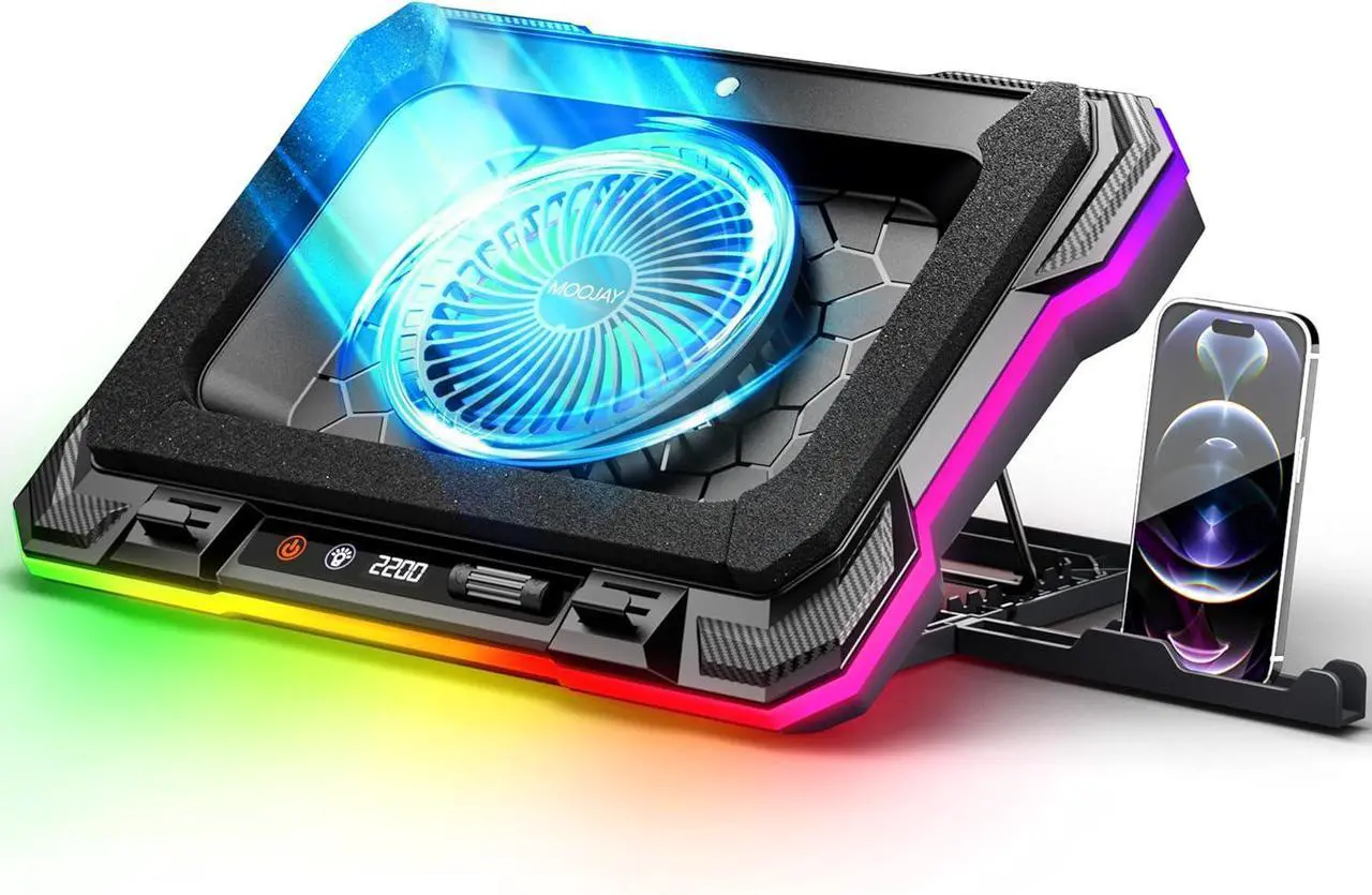 Main image of Laptop Cooling Pad Powerful Turbo Fan RGB Gaming Notebook Cooler, Moojay Laptop Fan Cooling Stand with 8 Adjustable Heights and Phone Holder, for 14-19 Inch Laptops - Ice Blue LED Light