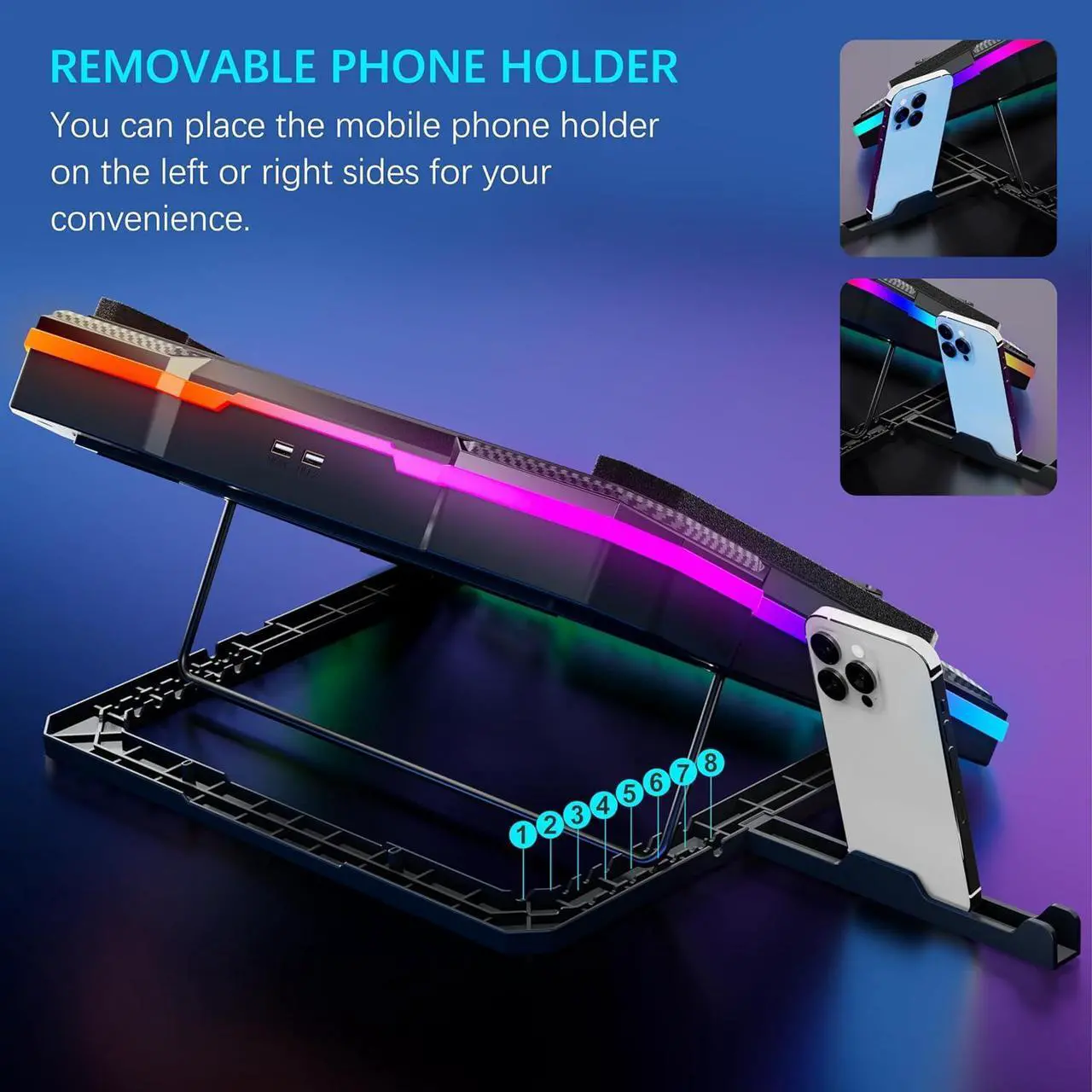 Alt view image 5 of 6 - Laptop Cooling Pad Powerful Turbo Fan RGB Gaming Notebook Cooler, Moojay Laptop Fan Cooling Stand with 8 Adjustable Heights and Phone Holder, for 14-19 Inch Laptops - Ice Blue LED Light
