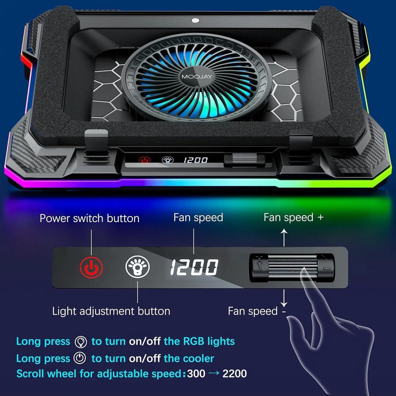 Alt view image 6 of 6 - Laptop Cooling Pad Powerful Turbo Fan RGB Gaming Notebook Cooler, Moojay Laptop Fan Cooling Stand with 8 Adjustable Heights and Phone Holder, for 14-19 Inch Laptops - Ice Blue LED Light