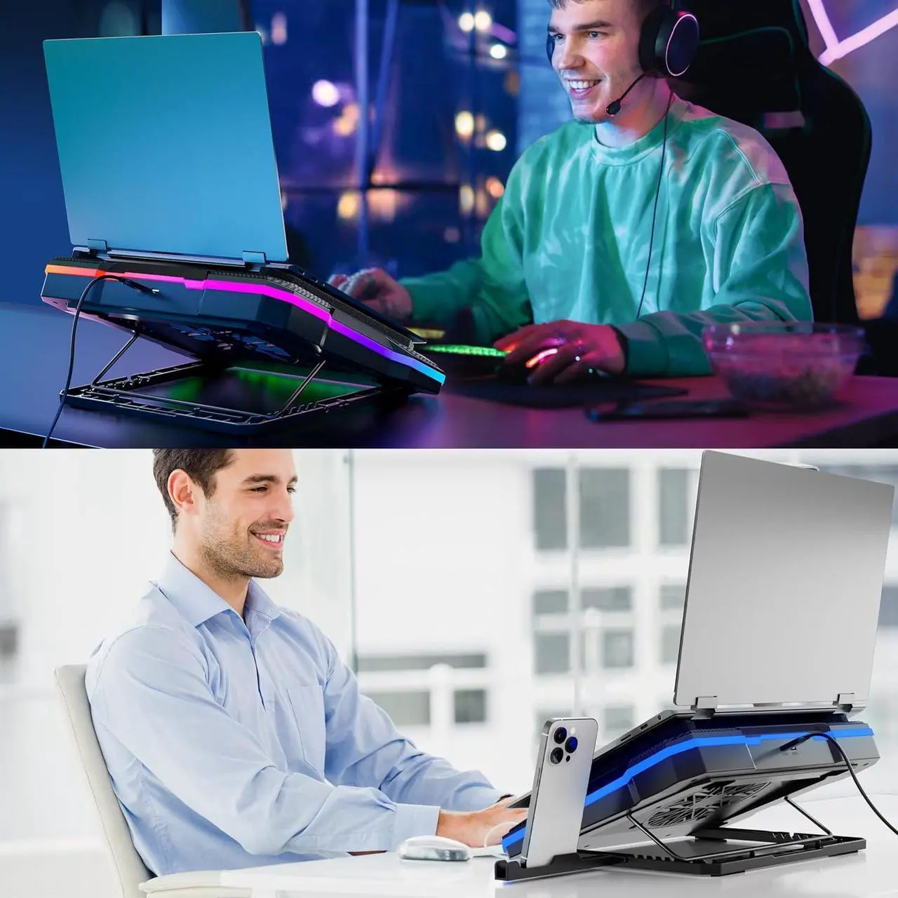 Alt view image 3 of 6 - Laptop Cooling Pad Powerful Turbo Fan RGB Gaming Notebook Cooler, Moojay Laptop Fan Cooling Stand with 8 Adjustable Heights and Phone Holder, for 14-19 Inch Laptops - Ice Blue LED Light