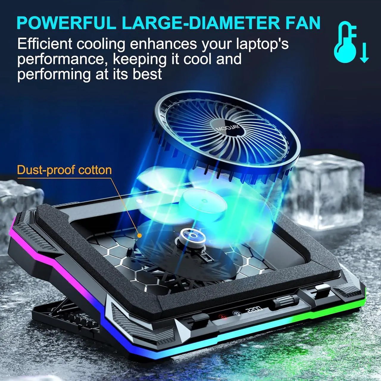 Alt view image 4 of 6 - Laptop Cooling Pad Powerful Turbo Fan RGB Gaming Notebook Cooler, Moojay Laptop Fan Cooling Stand with 8 Adjustable Heights and Phone Holder, for 14-19 Inch Laptops - Ice Blue LED Light