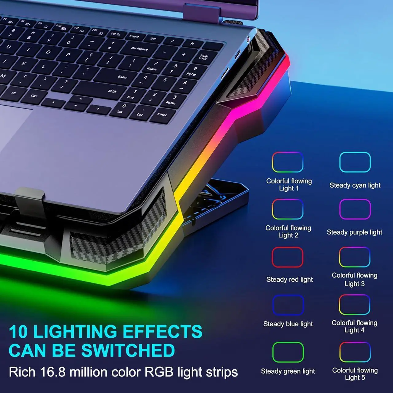 Alt view image 2 of 6 - Laptop Cooling Pad Powerful Turbo Fan RGB Gaming Notebook Cooler, Moojay Laptop Fan Cooling Stand with 8 Adjustable Heights and Phone Holder, for 14-19 Inch Laptops - Ice Blue LED Light